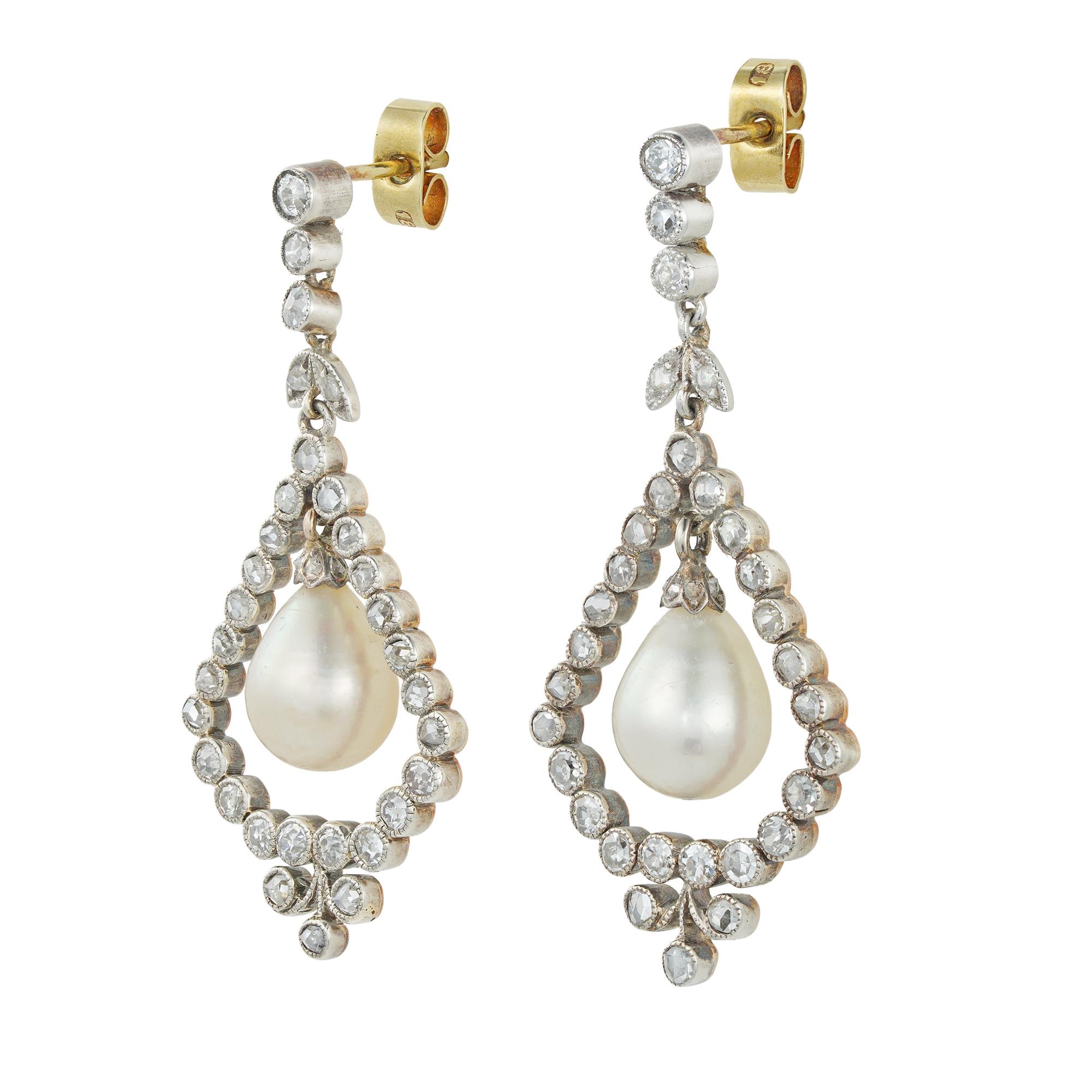 Brilliant Cut Pair of Edwardian Natural Pearl and Diamond Drop Earrings For Sale