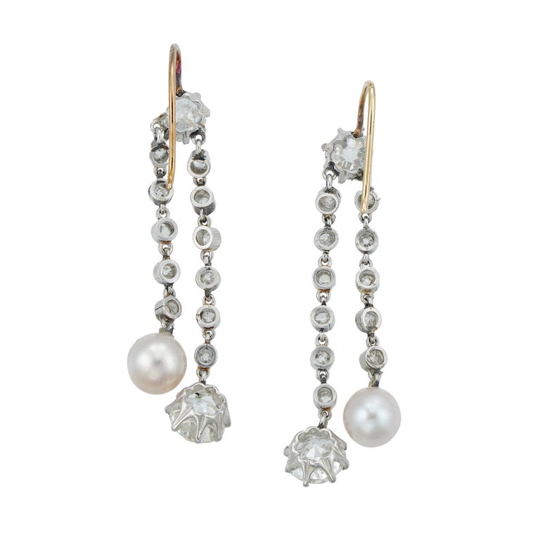 Old European Cut Pair of Edwardian Natural Pearl and Diamond Drop Earrings For Sale