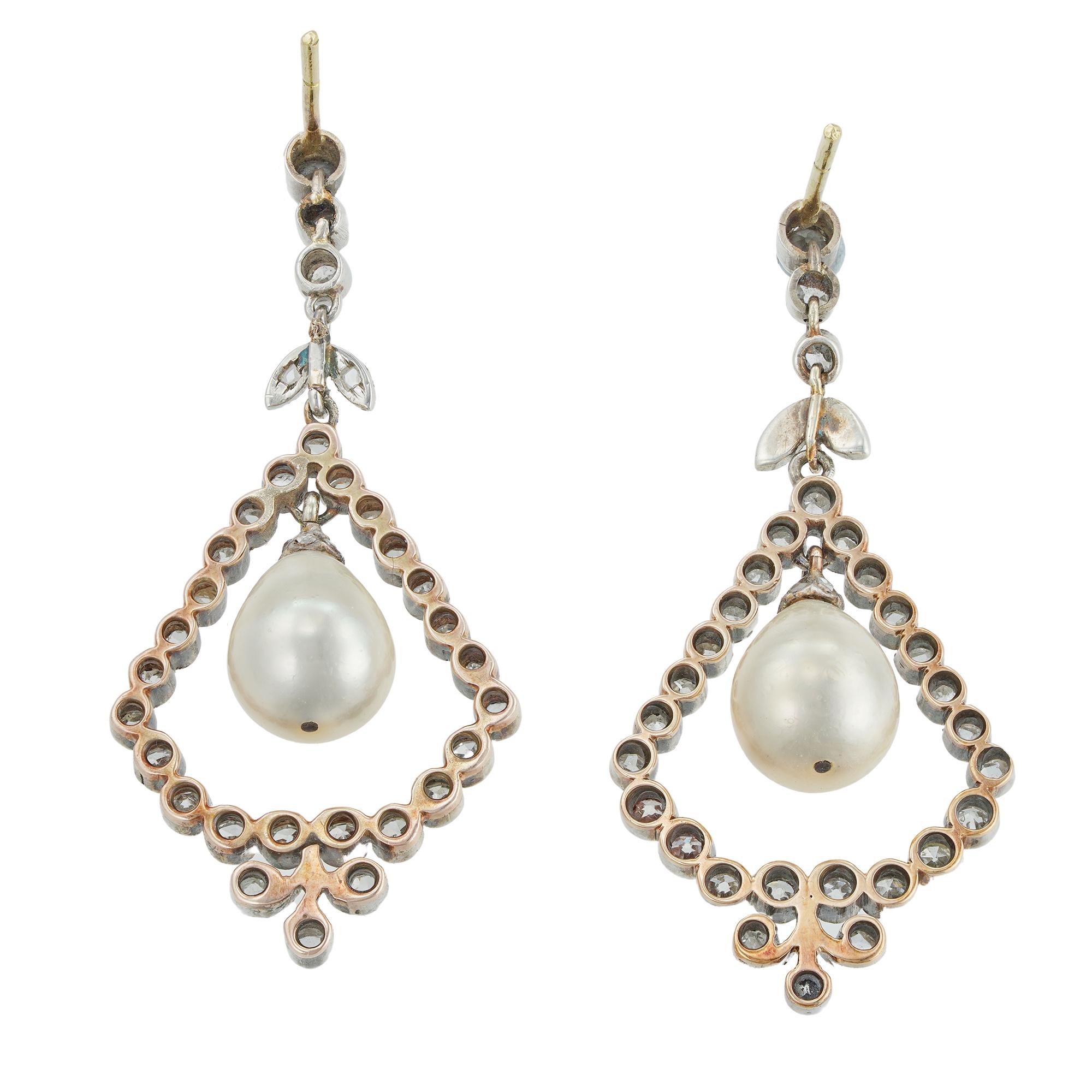 Pair of Edwardian Natural Pearl and Diamond Drop Earrings In Good Condition For Sale In London, GB