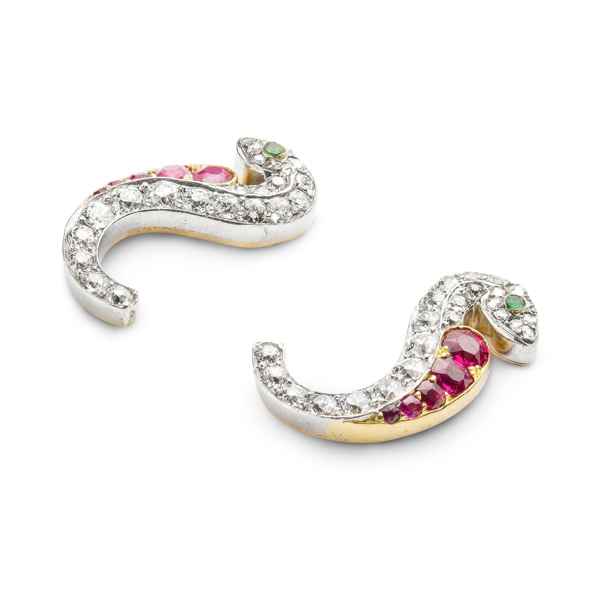 A pair of late Victorian ruby and diamond serpent earrings, encrusted with old-cut diamonds estimated to weigh 1 carat in total, and faceted rubies with estimated total weigh 1 carat, accompanied by GCS Report 5776-3402  stating to be of Burmese
