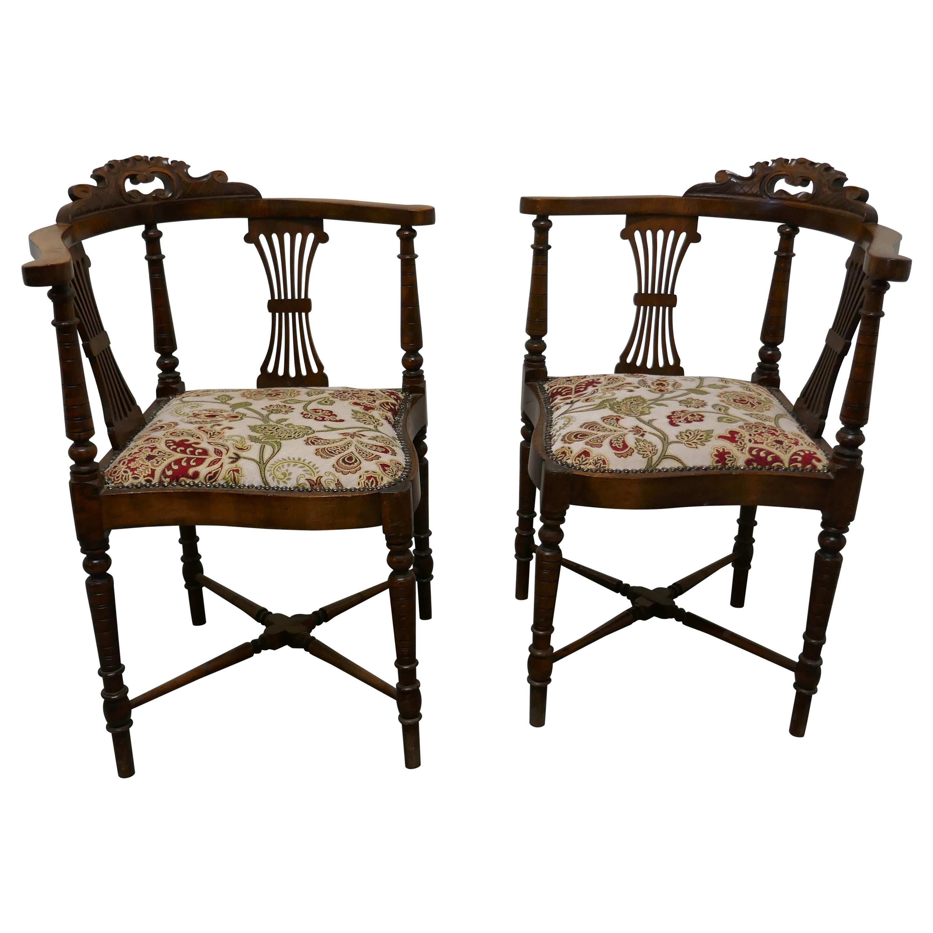 Pair of Edwardian Walnut Corner Arm Chairs For Sale