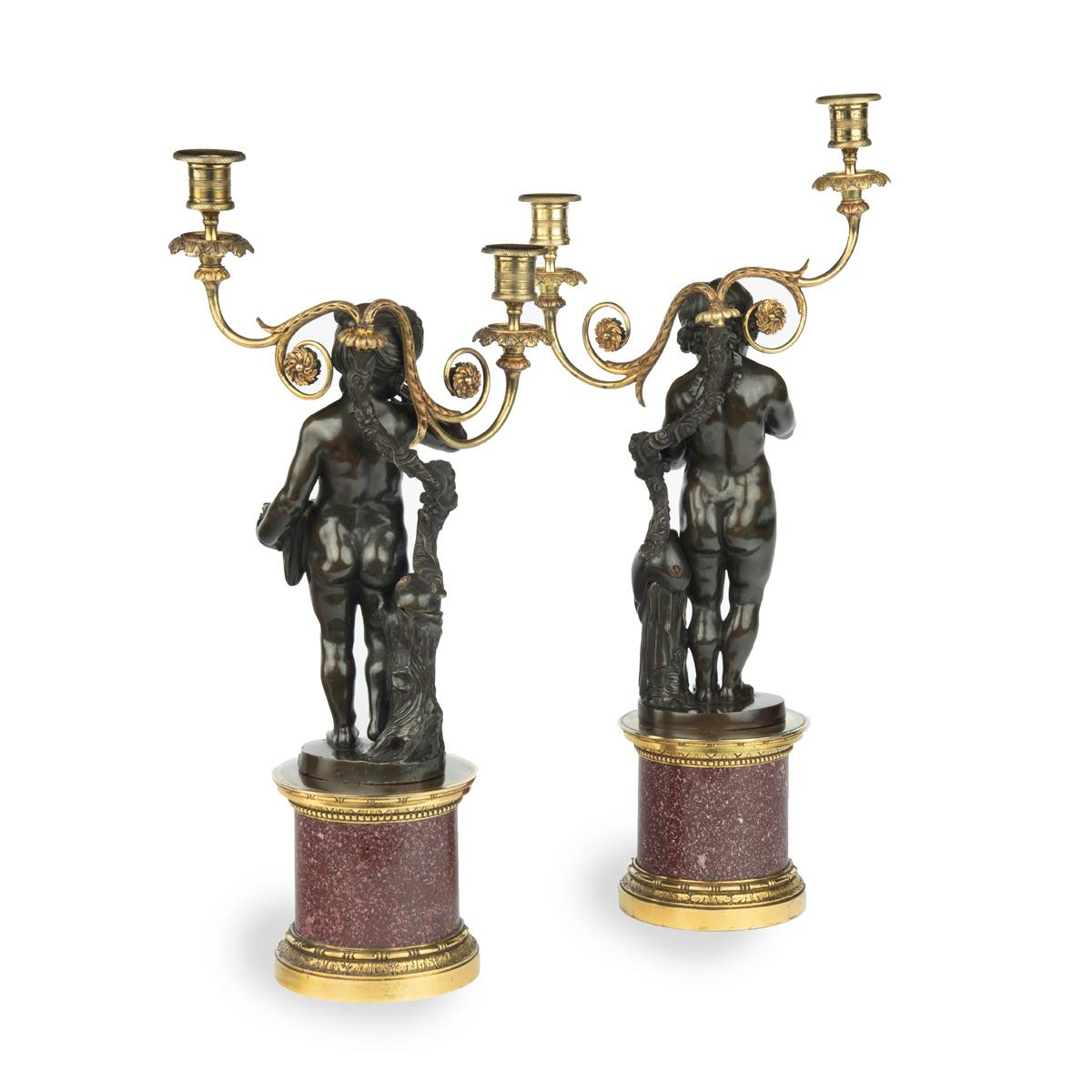 French A pair of Egyptian porphyry and bronze candelabra after Charles-Antoine Bridan For Sale