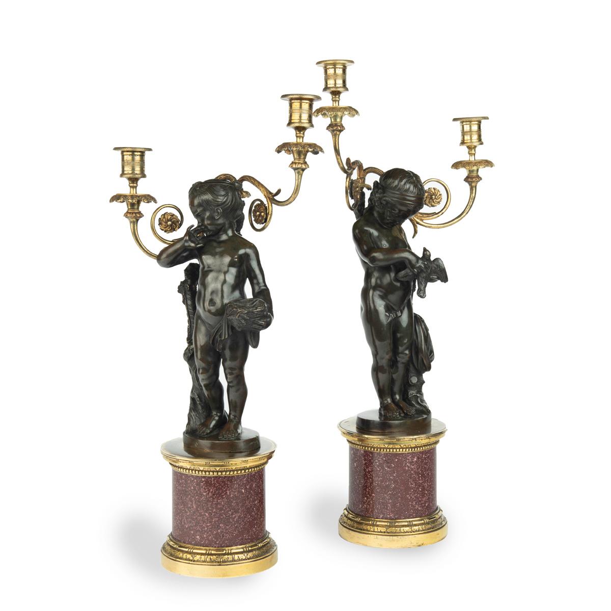 Mid-19th Century A pair of Egyptian porphyry and bronze candelabra after Charles-Antoine Bridan For Sale