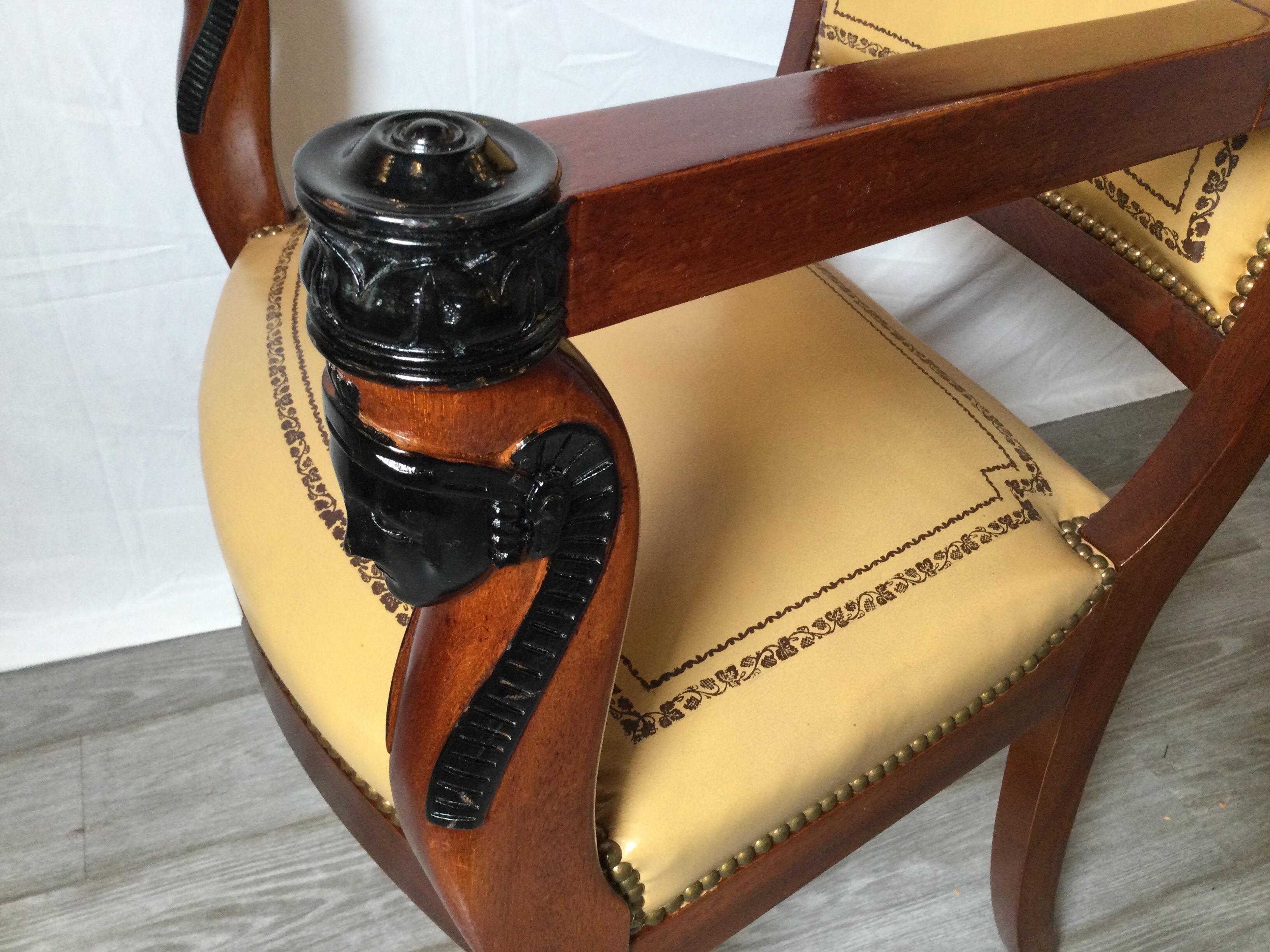 Pair of Egyptian Revival Mahogany and Leather Armchairs In Excellent Condition In Lambertville, NJ