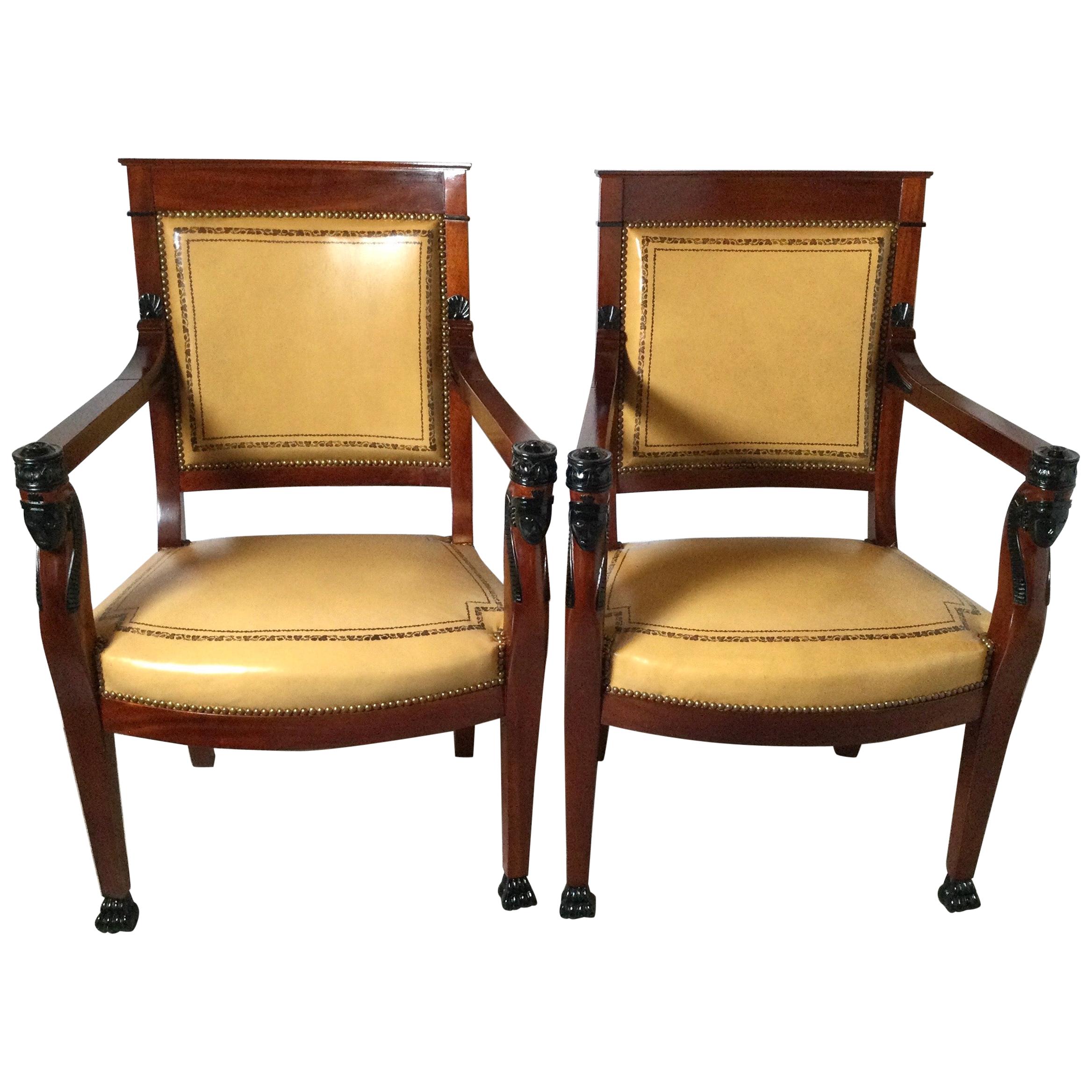 Pair of Egyptian Revival Mahogany and Leather Armchairs