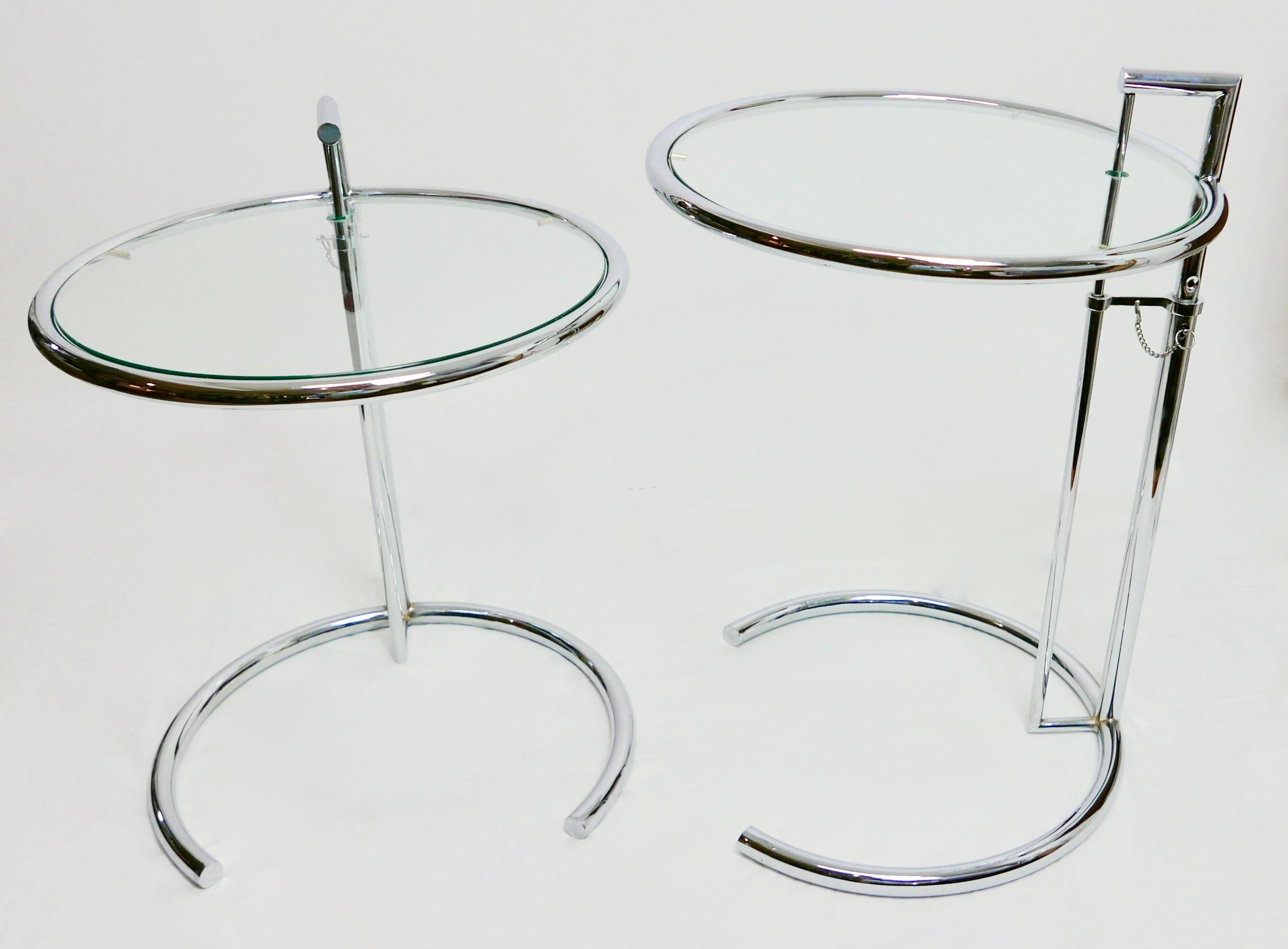 Pair of Eileen Gray Style Adjustable Chrome Metal and Glass Side Tables 5