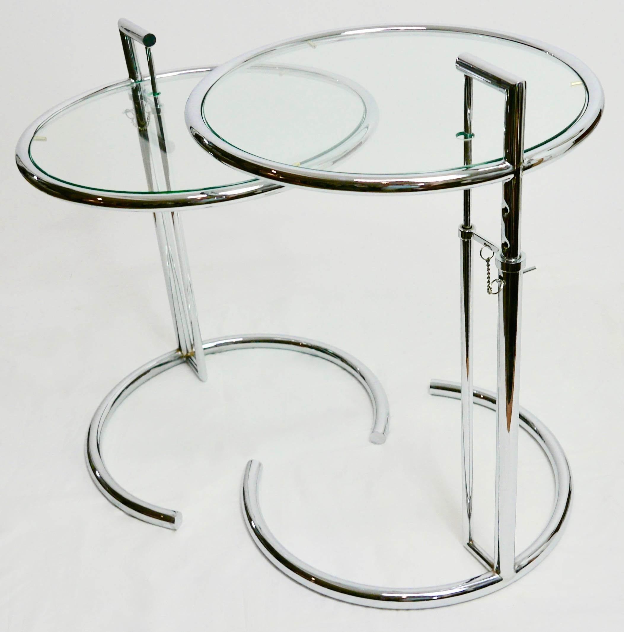 Pair of Eileen Gray Style Adjustable Chrome Metal and Glass Side Tables 6