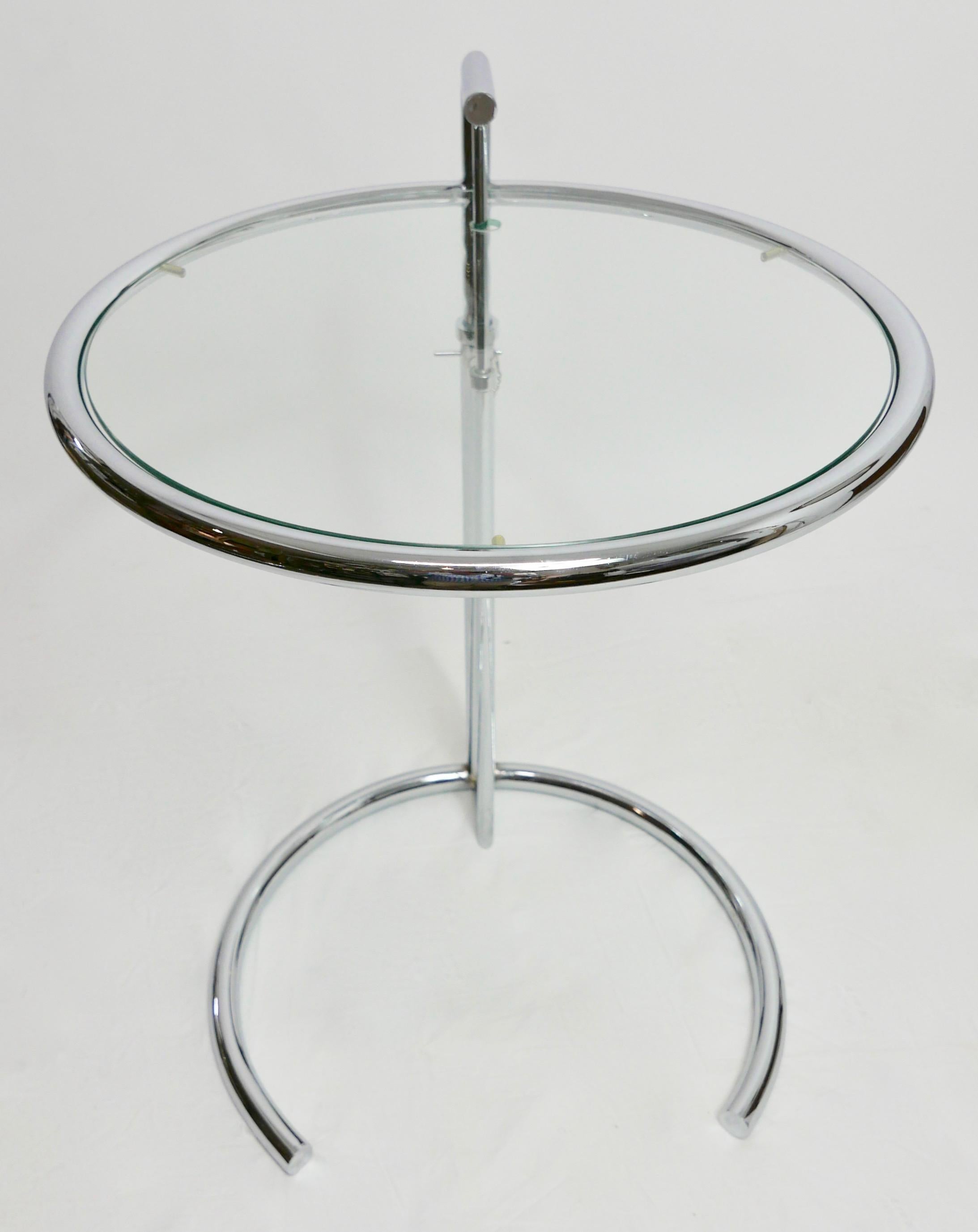Pair of Eileen Gray Style Adjustable Chrome Metal and Glass Side Tables 1