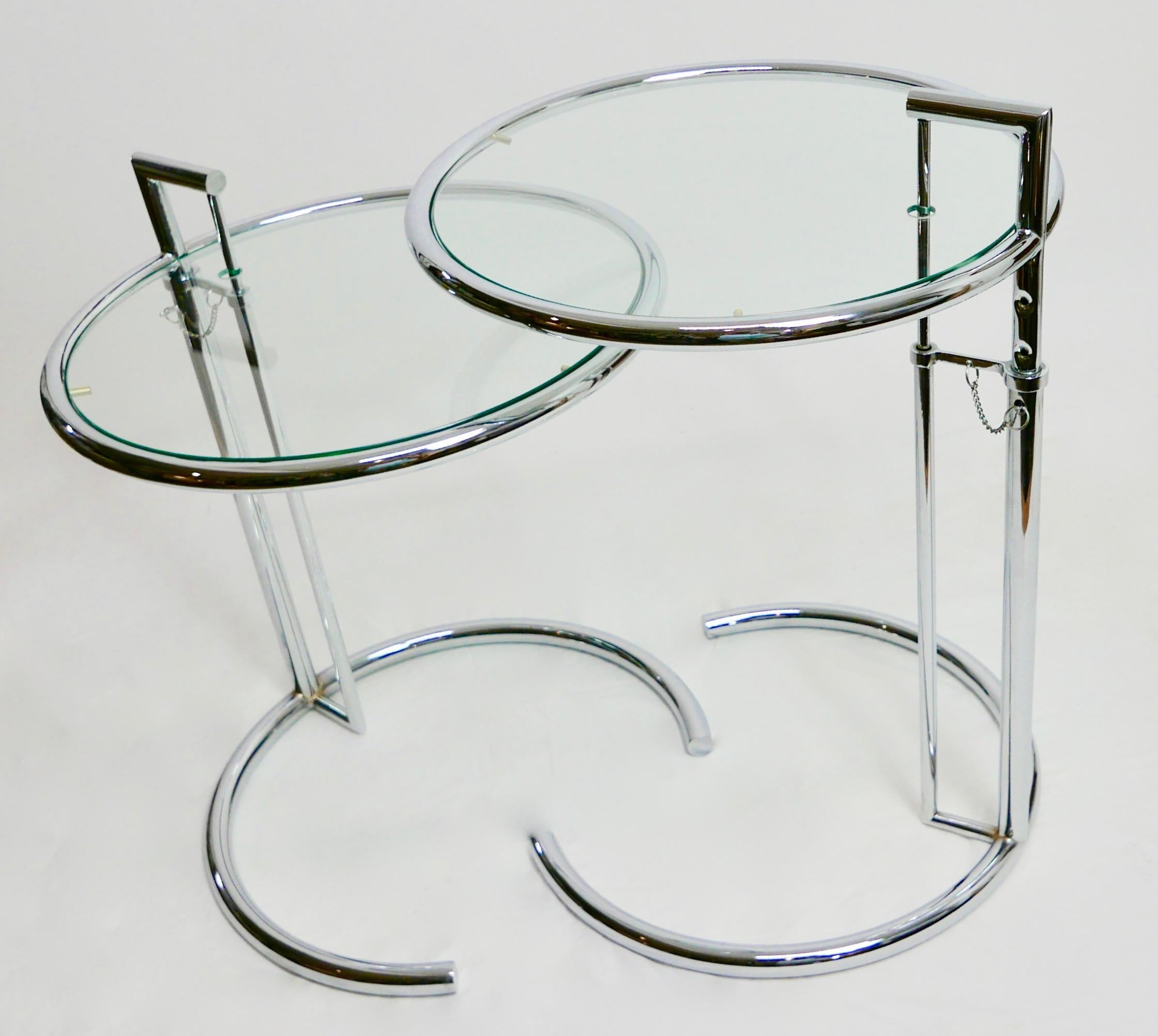 Pair of Eileen Gray Style Adjustable Chrome Metal and Glass Side Tables 2