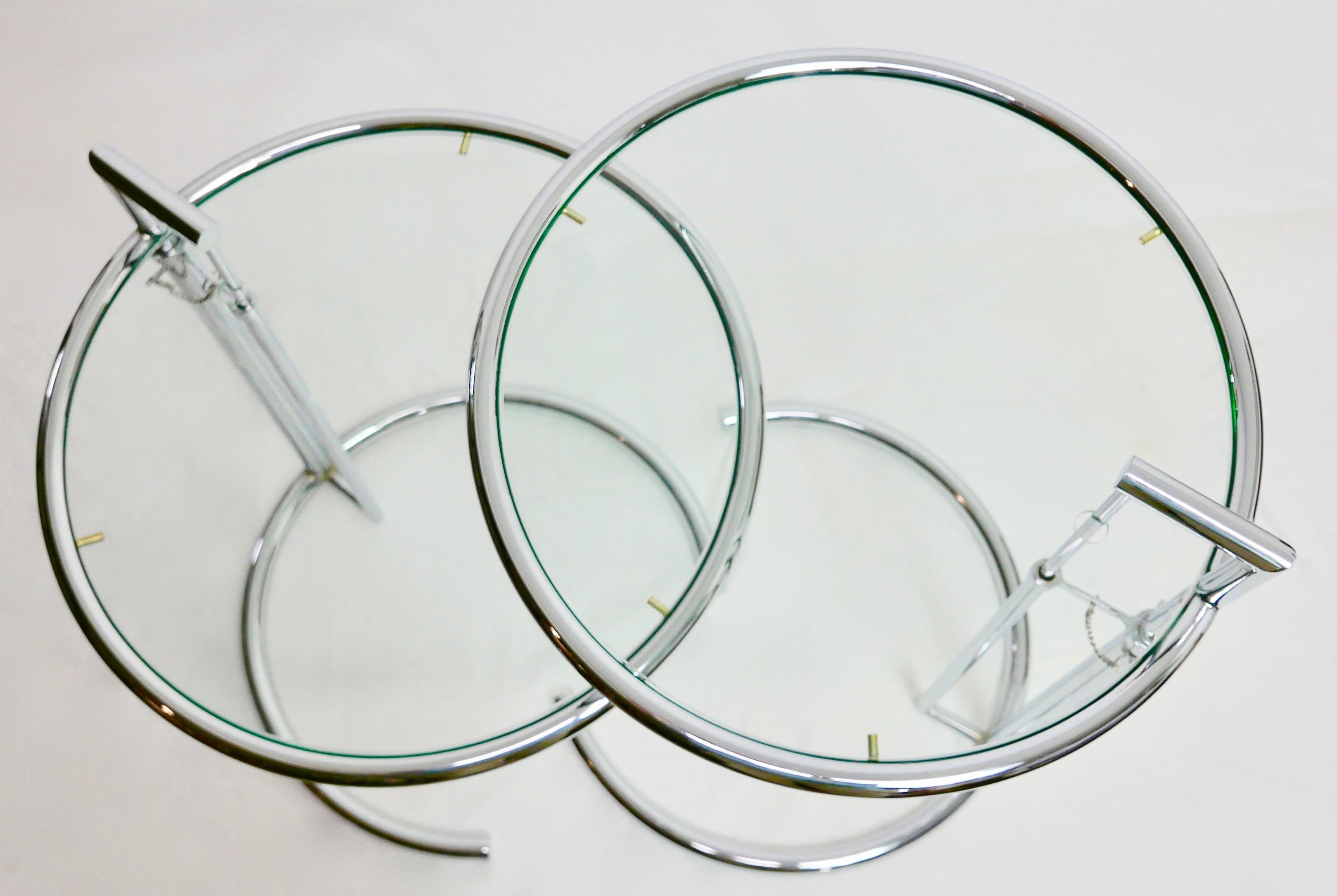 Pair of Eileen Gray Style Adjustable Chrome Metal and Glass Side Tables 3
