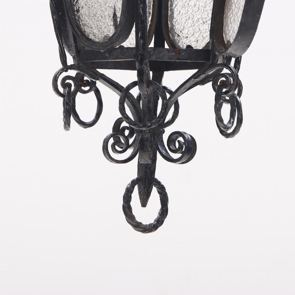 Glass A pair of elaborate Italian wrought iron hanging lanterns C 1920. For Sale