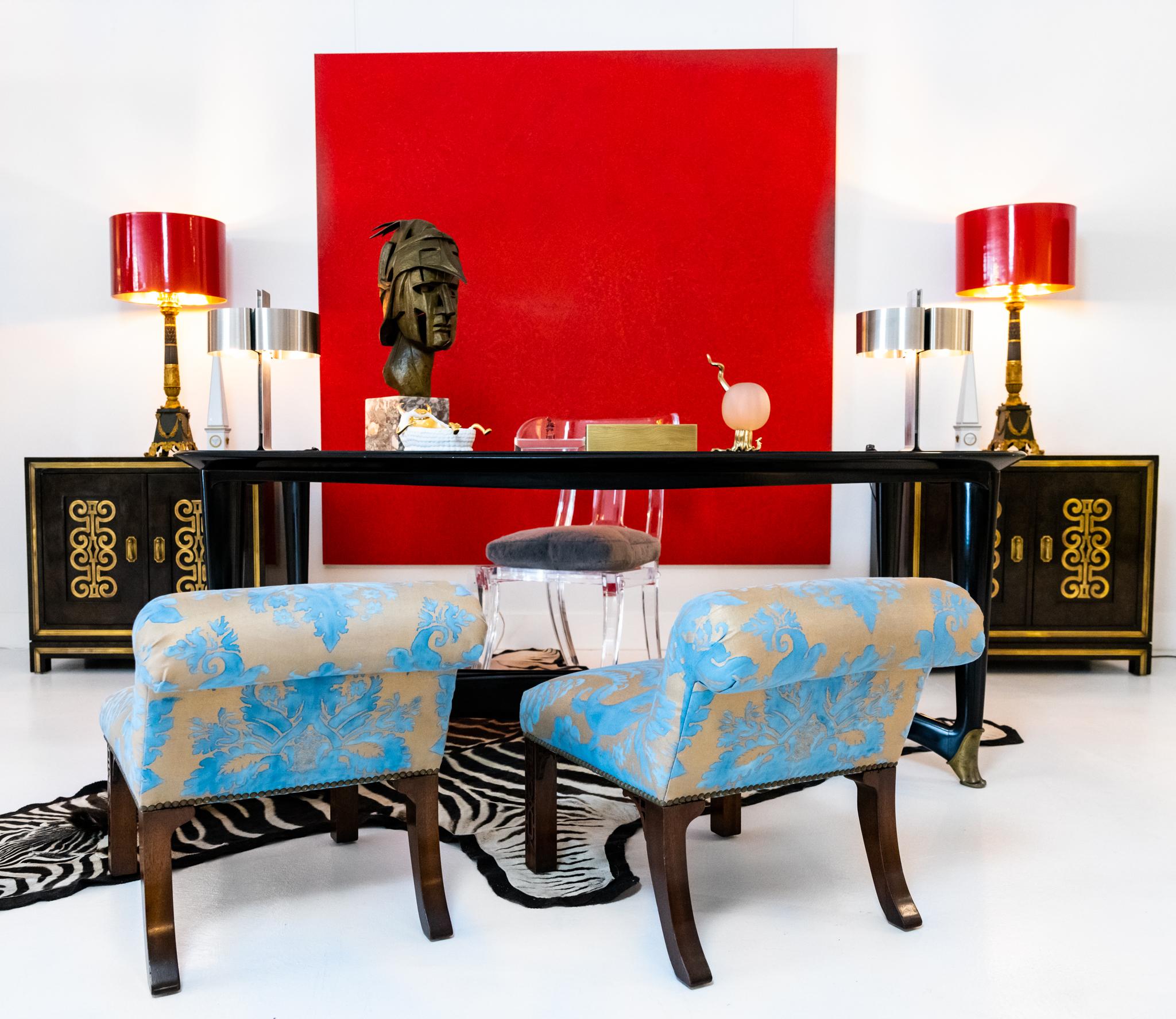 Fabric Pair of Elbow Chairs Designed by Billy Haines