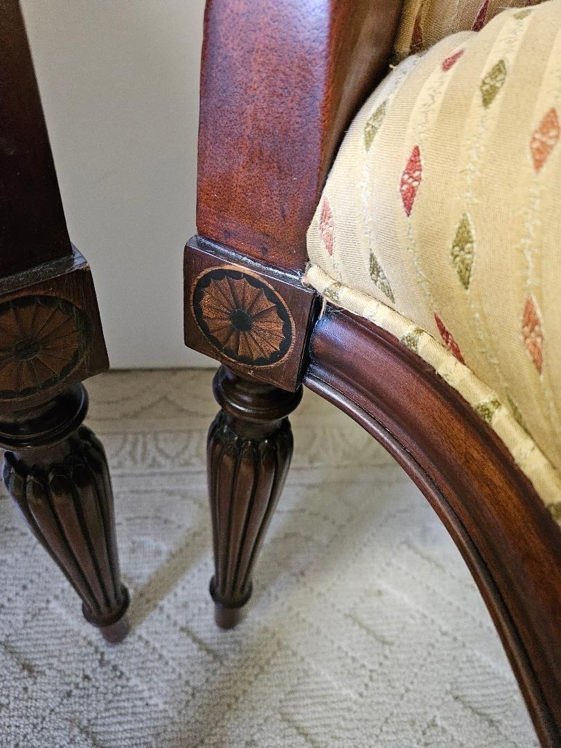 Fabric A Pair of Elegant 1980s Southwood Mahogany Inlaid Upholstered Arm Chairs  For Sale