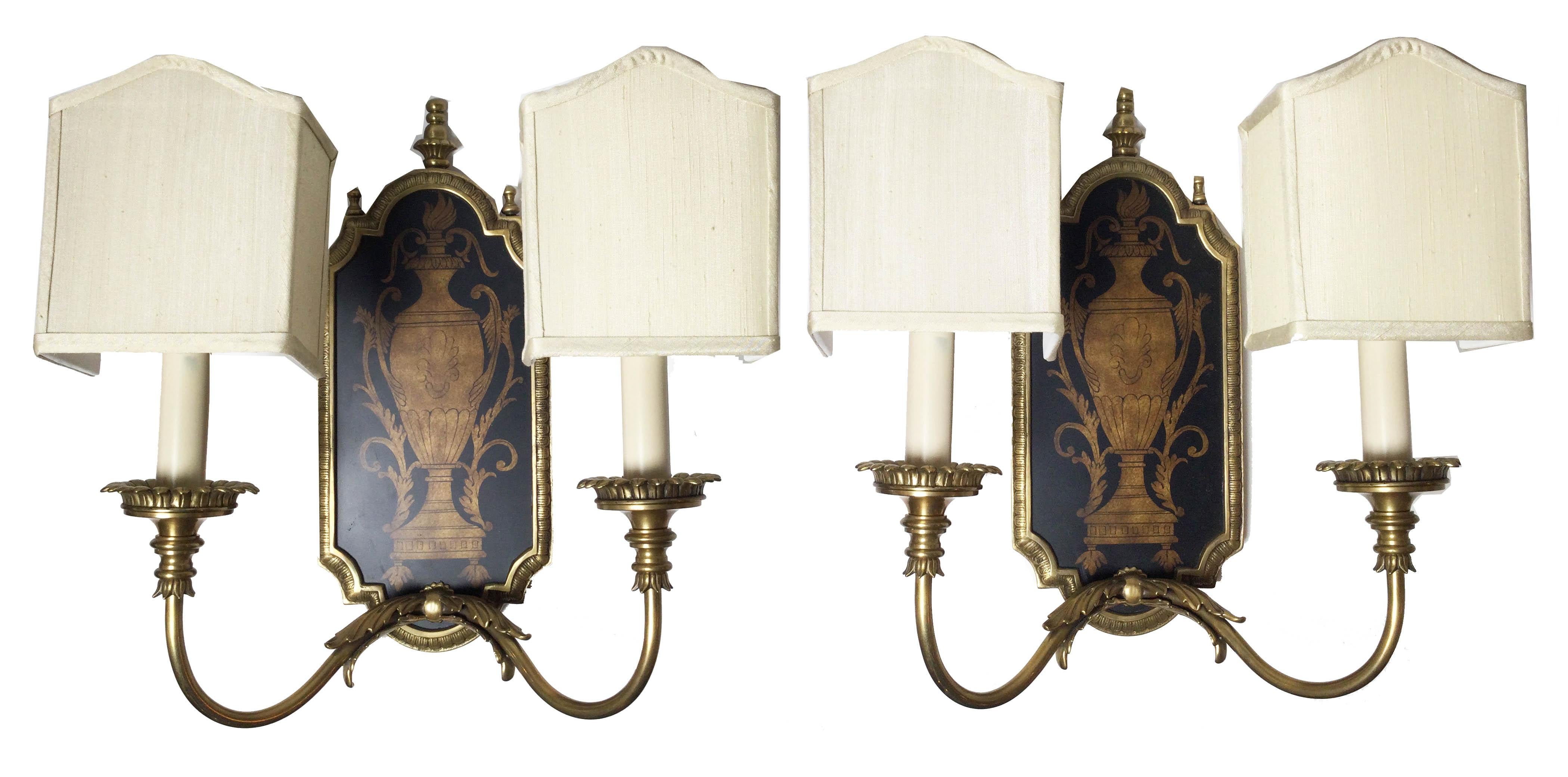 Aesthetic Movement A Pair of Elegant Cast Brass and Wood Panel Two Light Sconces