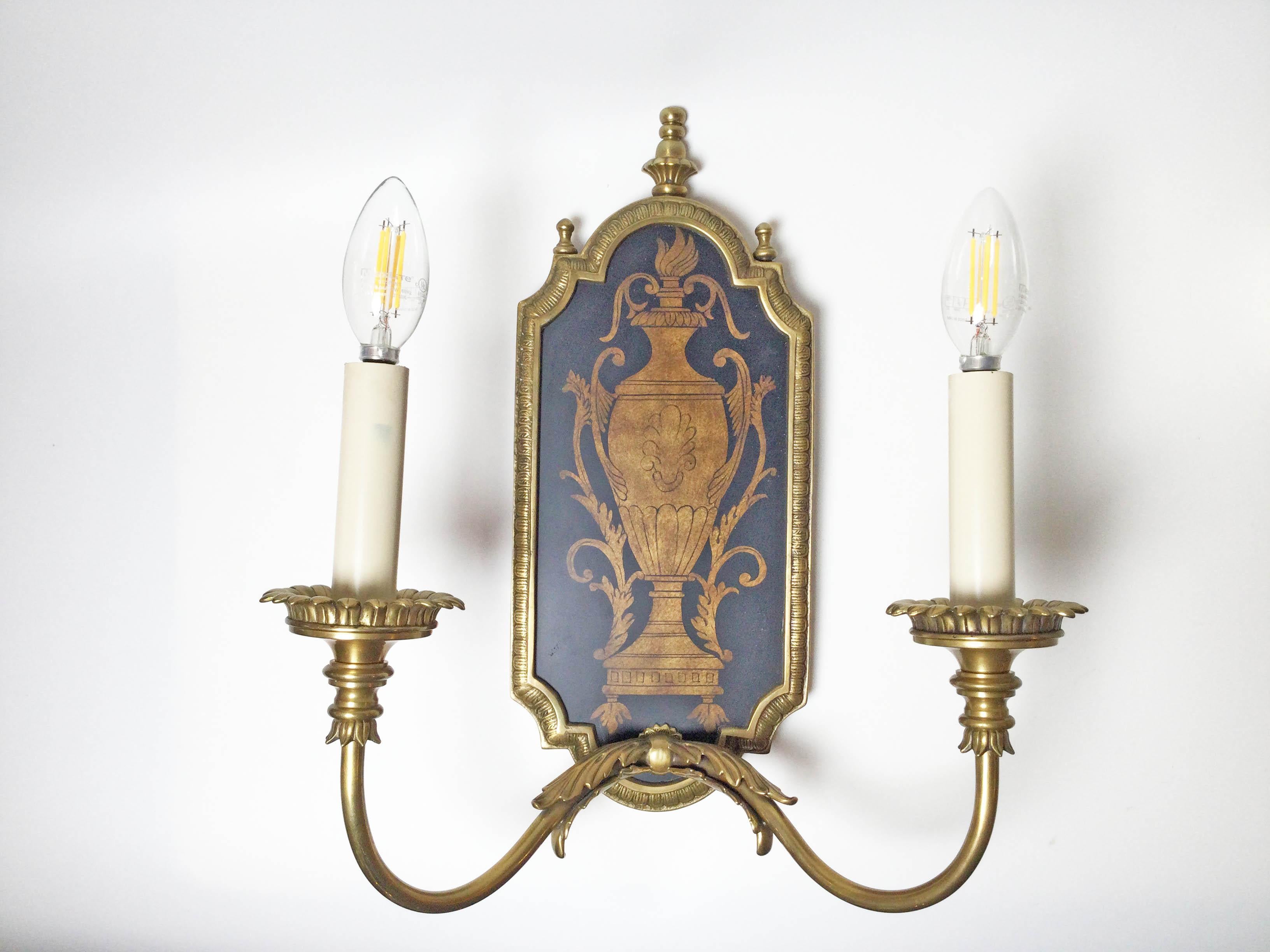 Asian A Pair of Elegant Cast Brass and Wood Panel Two Light Sconces