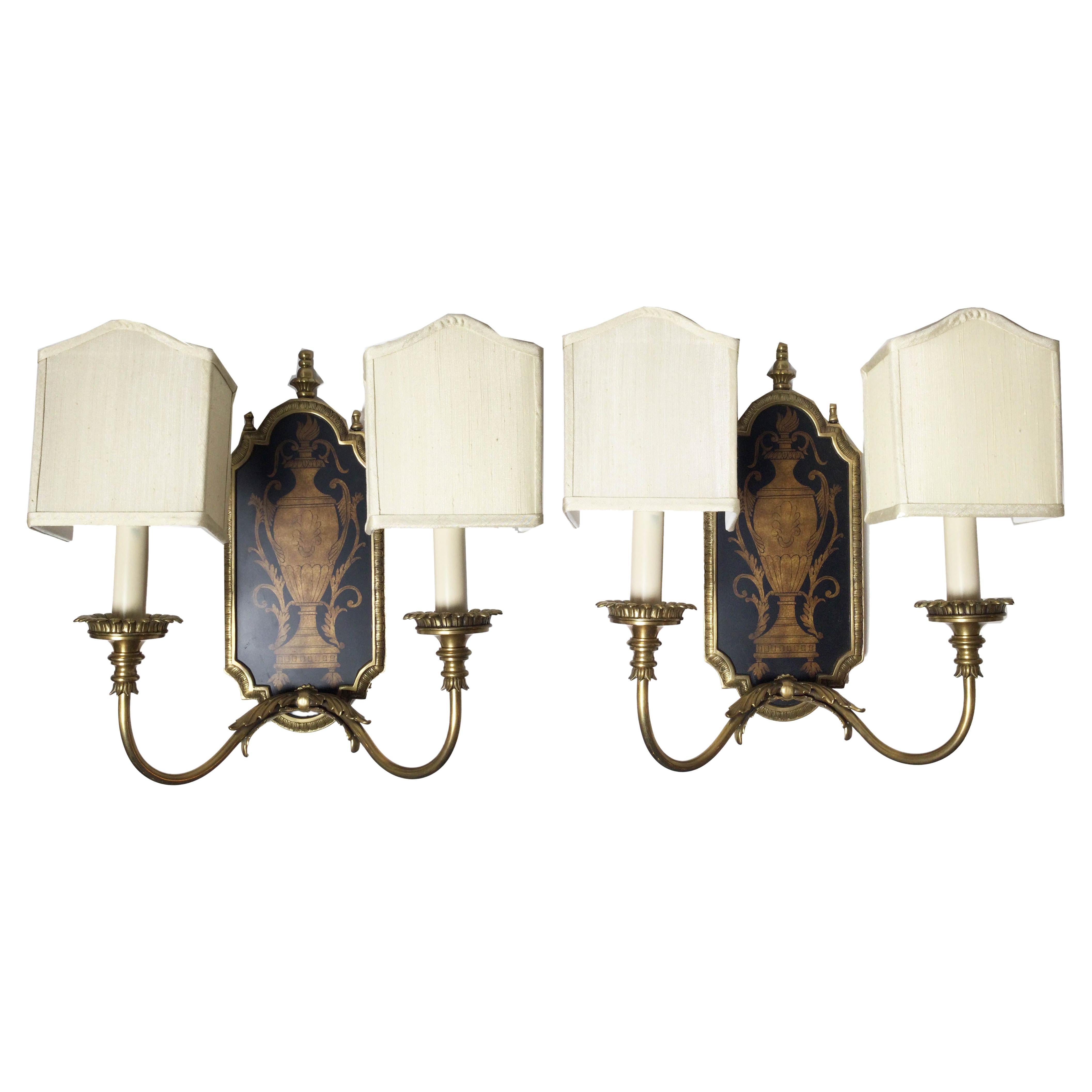 A Pair of Elegant Cast Brass and Wood Panel Two Light Sconces