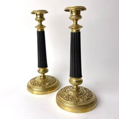 A Pair of Elegant Empire Candlesticks, Gilded and Patinated Brass, 1820s France