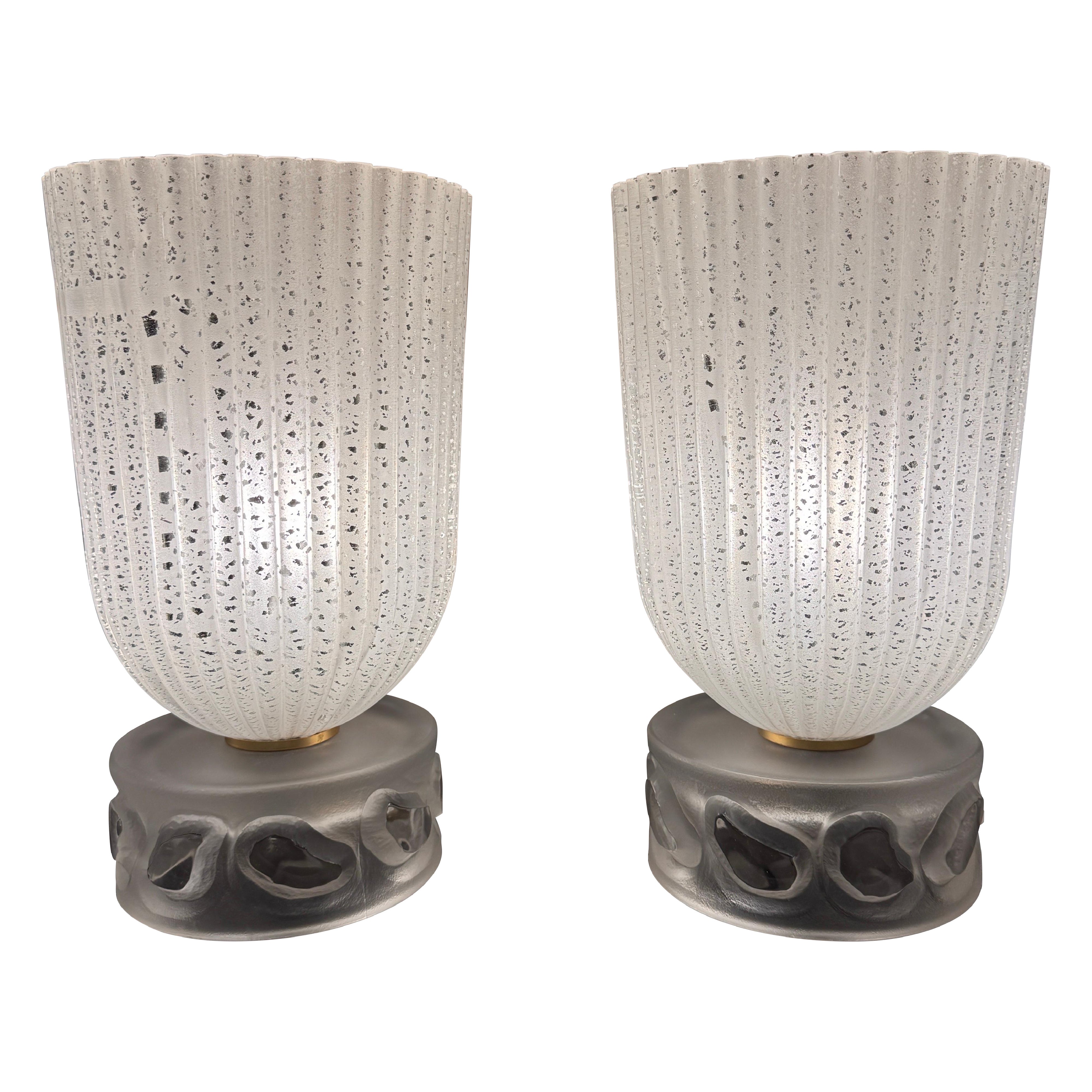 A pair of Elegant French art deco ribbed crystal torchiere table lamps