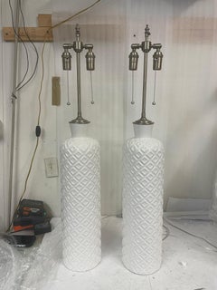 Pair of Elegant Glazed Ceramic Geometric Patterned Table Lamps