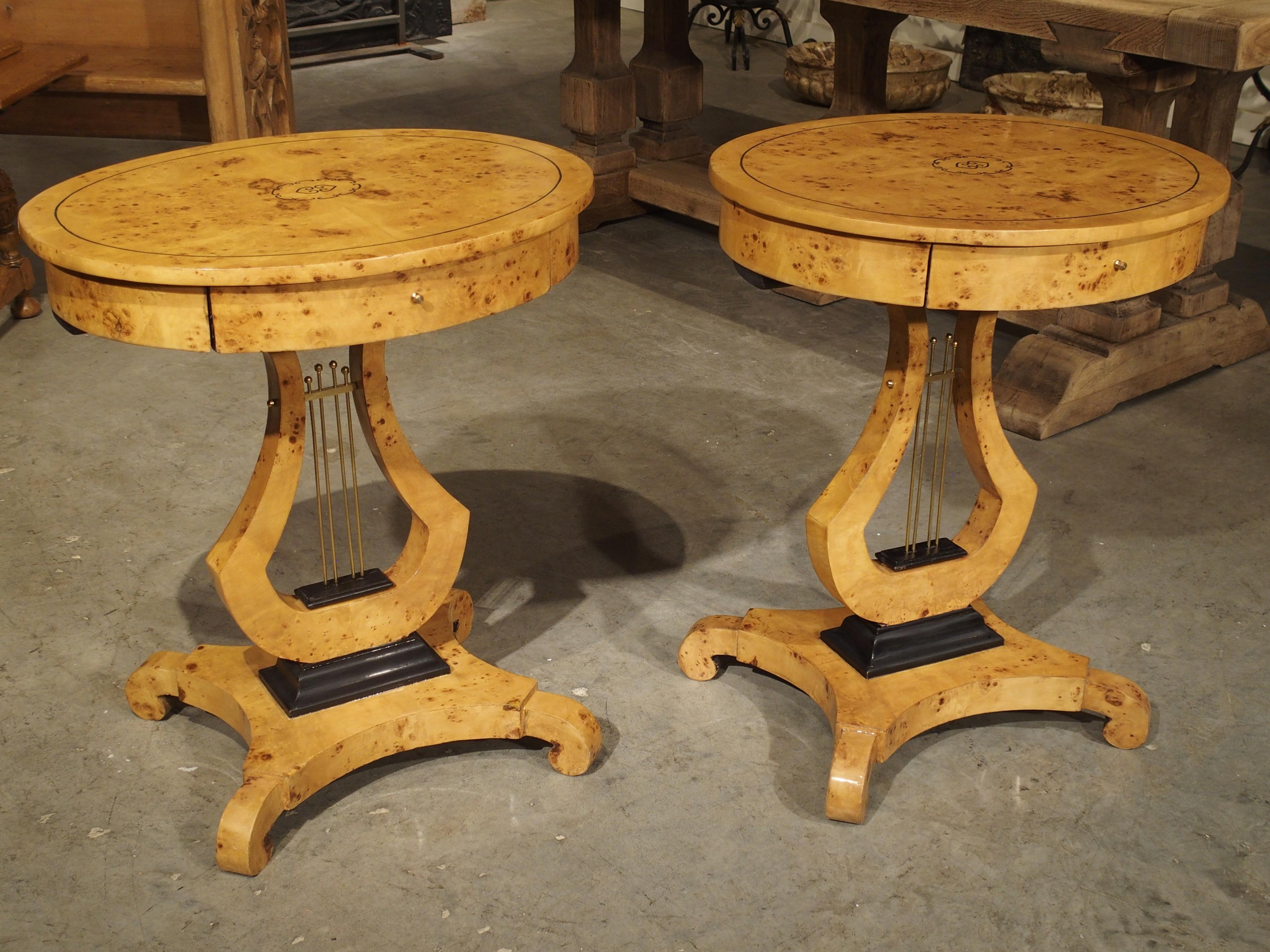 Brass Pair of Elegant Oval French Burlwood Side Tables