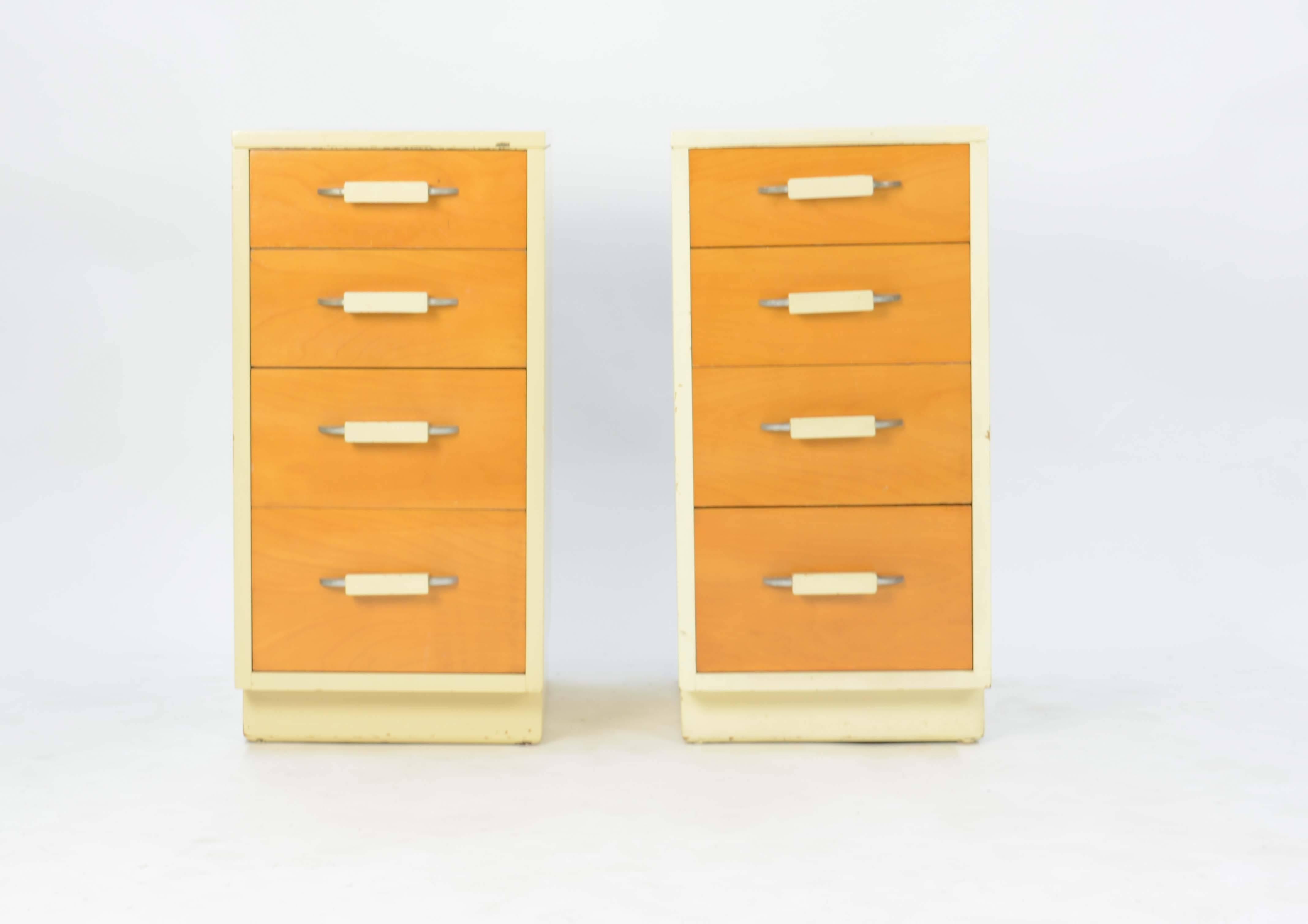 A pair of Eliel Saarinen and Pipsan Saarinen Swanson's nightstands for Johnson Furniture Company. These Classic design pieces are wonderful in their size and scale for any bedroom.