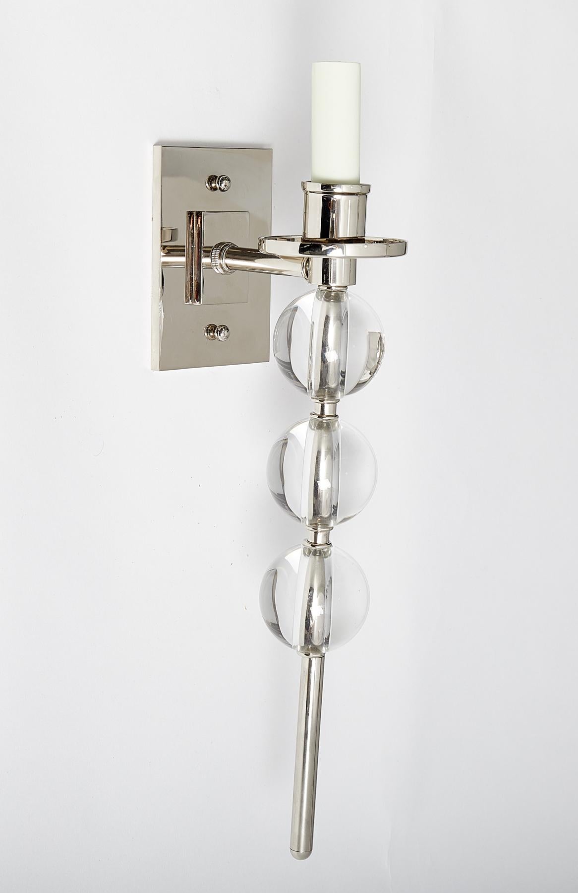 American Pair of Elongated Ephorus Sconces by David Duncan in Nickel, Glass Balls, New For Sale