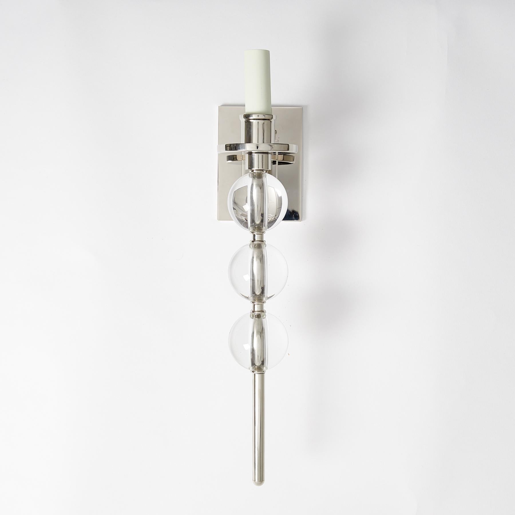 Contemporary Pair of Elongated Ephorus Sconces by David Duncan in Nickel, Glass Balls, New For Sale