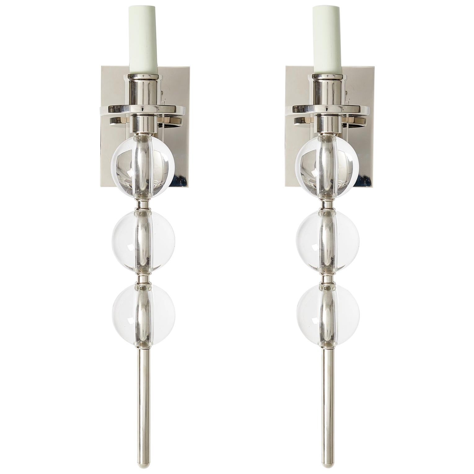 Pair of Elongated Ephorus Sconces by David Duncan in Nickel, Glass Balls, New For Sale