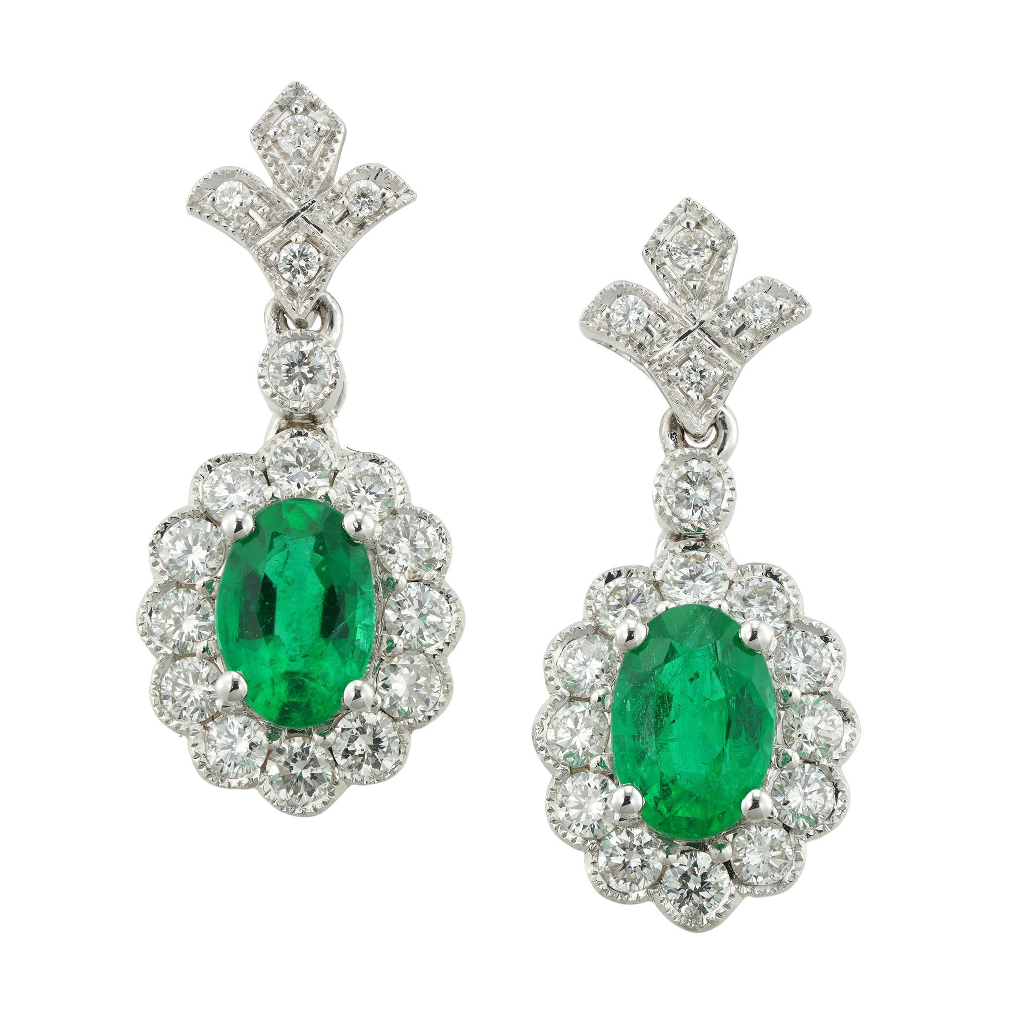 Pair of Emerald and Diamond Drop Cluster Earrings In Good Condition For Sale In London, GB