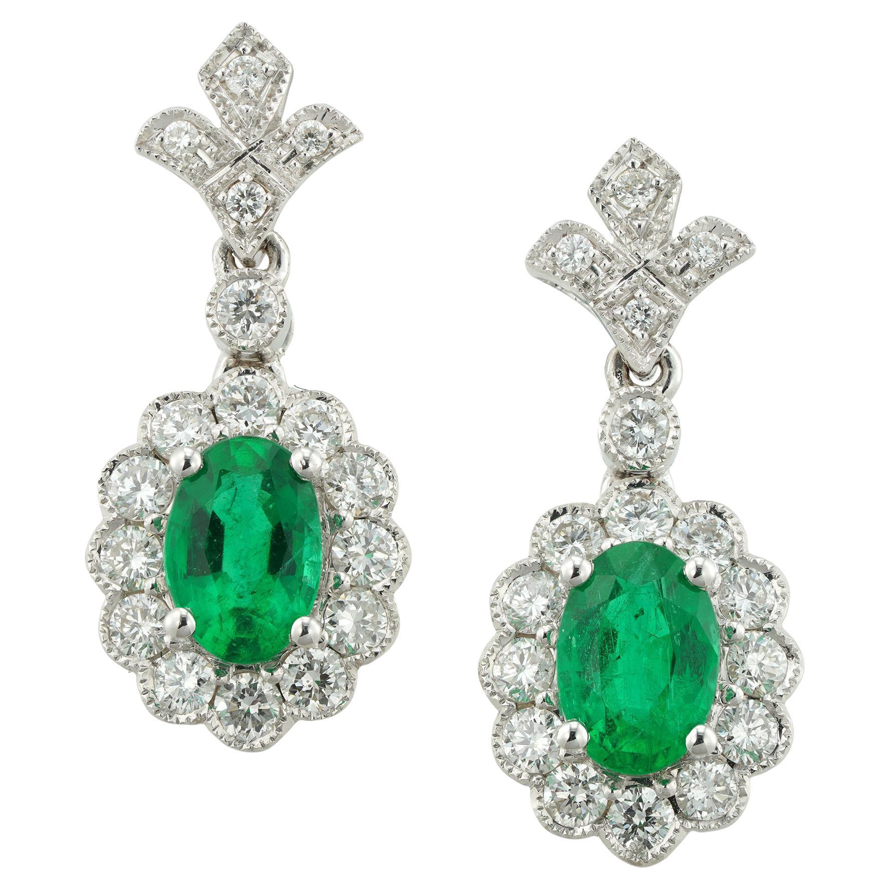 Pair of Emerald and Diamond Drop Cluster Earrings For Sale