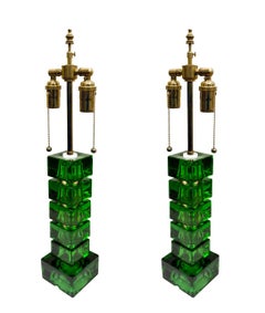 A Pair of Emerald Green Glass Table Lamps by Carl Fagerlund for Orrefors