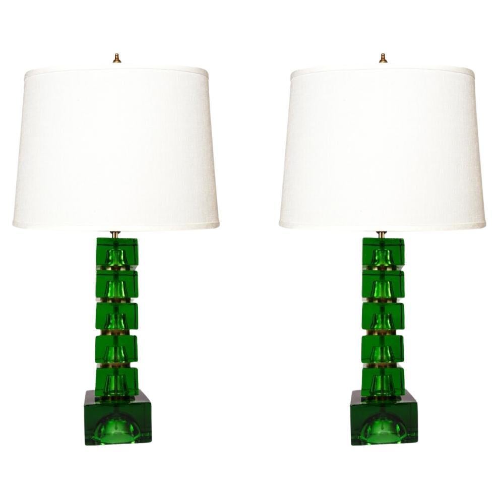 Paire de lampes de table en verre vert émeraude de Carl Fagerlund pour Orrefors