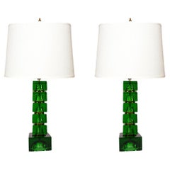 A Pair of Emerald Green Glass Table Lamps by Carl Fagerlund for Orrefors