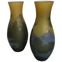 Pair of Emile Galle-Style Cameo-Cut Glass Vases, 20th Century