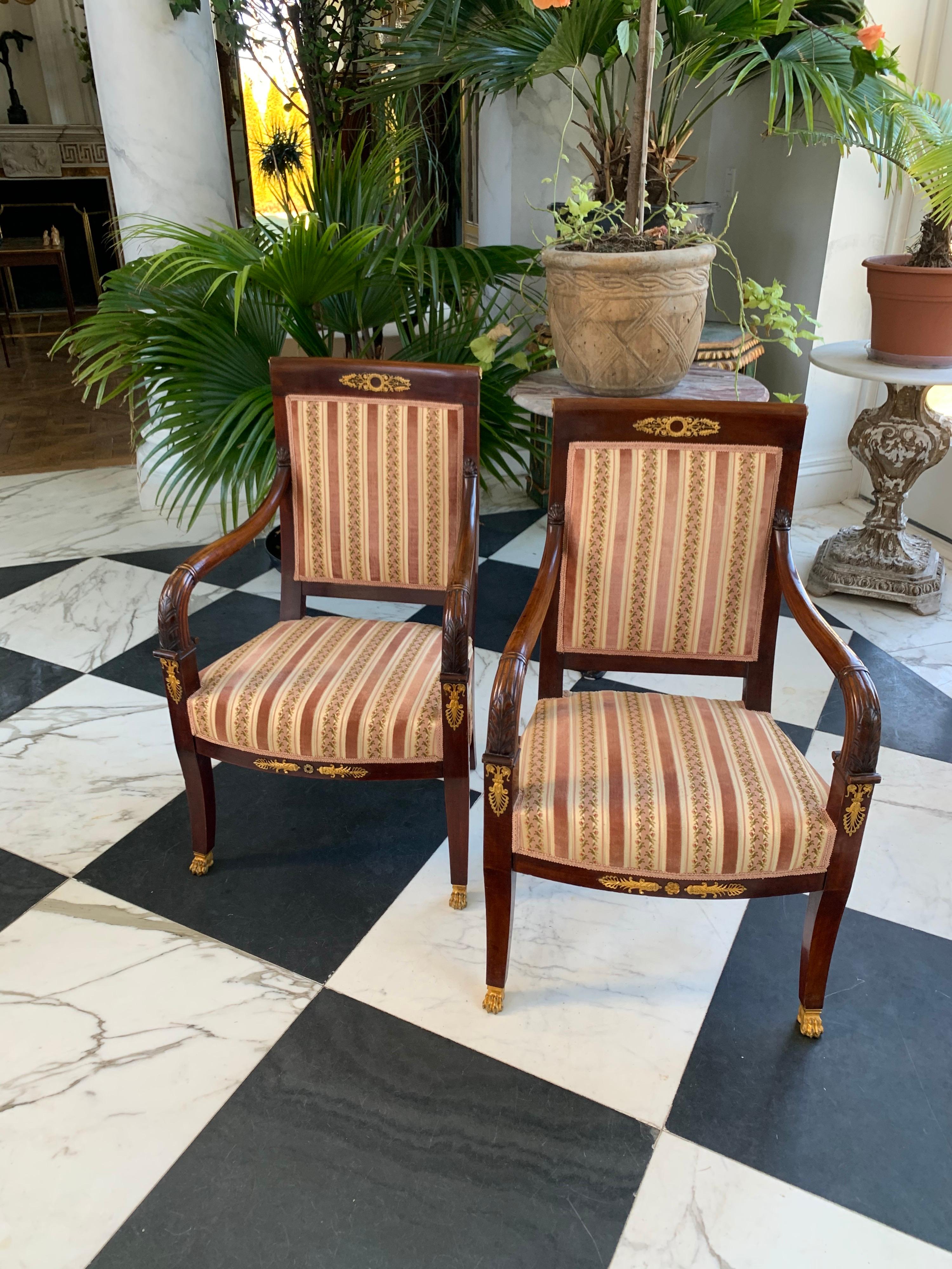 Hand-Carved Pair of Empire Armchairs For Sale