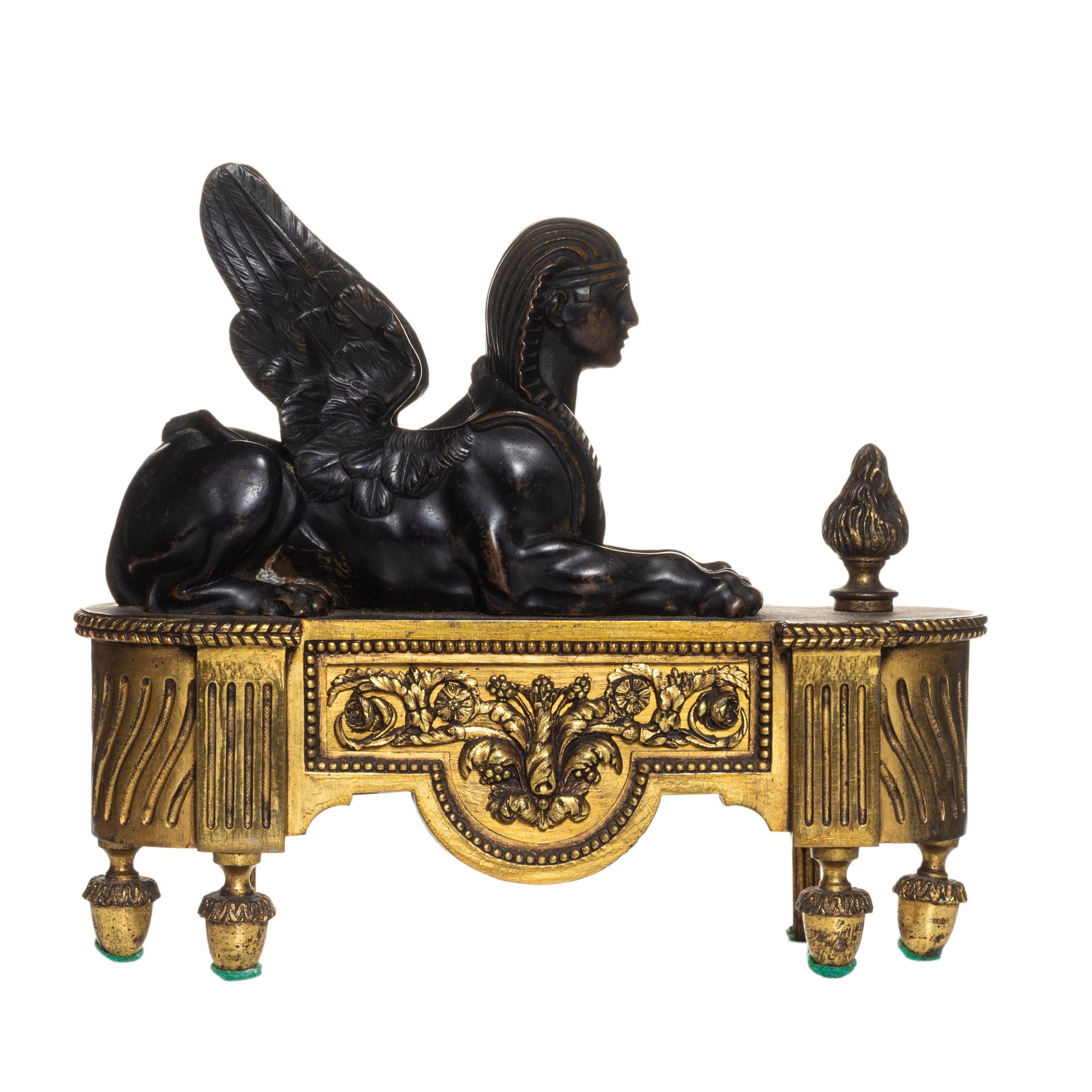 Pair of Empire Gilt and Patinated Bronze Chenets, French, 18th Century For Sale 2