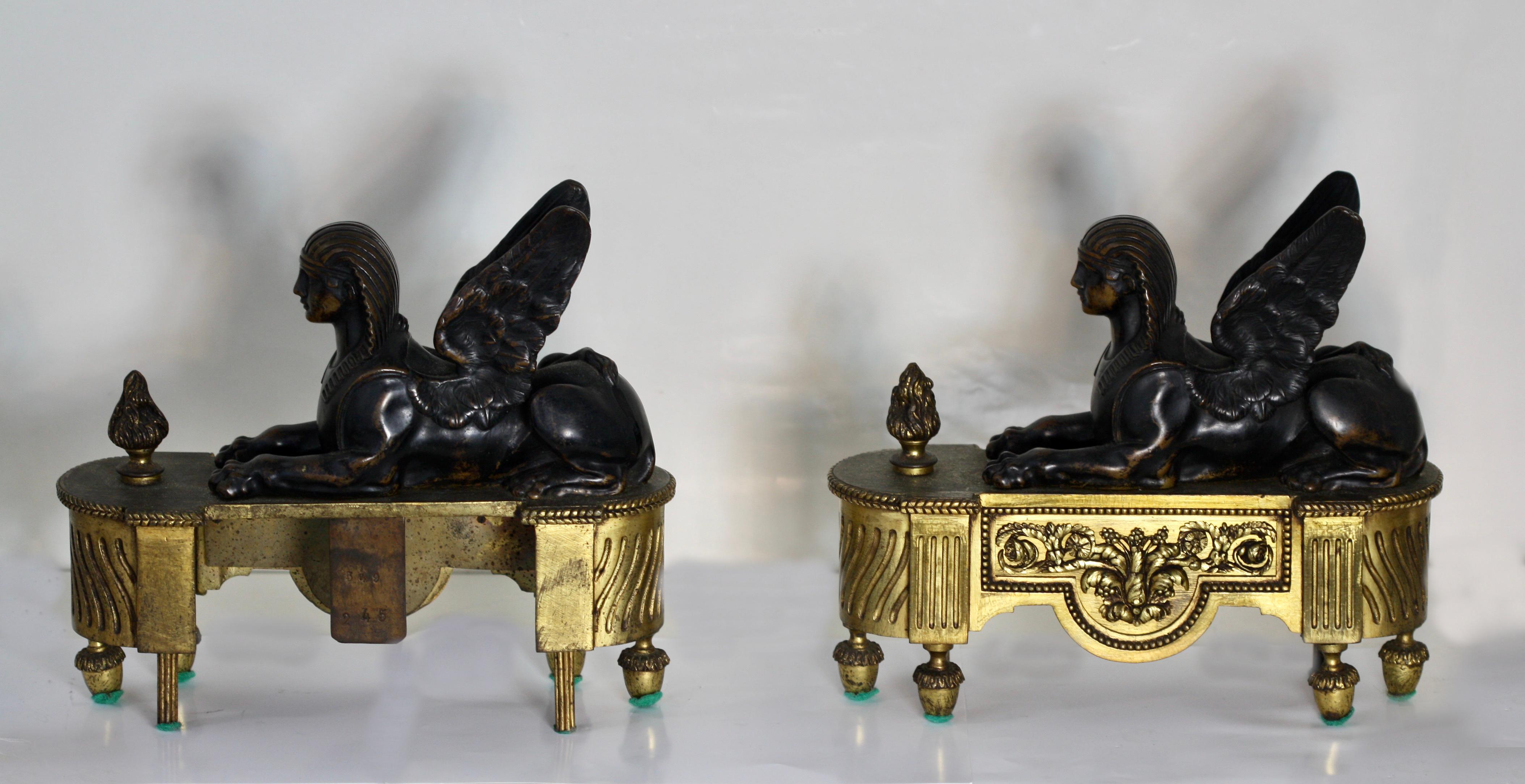 Pair of Empire Gilt and Patinated Bronze Chenets, French, 18th Century For Sale 3