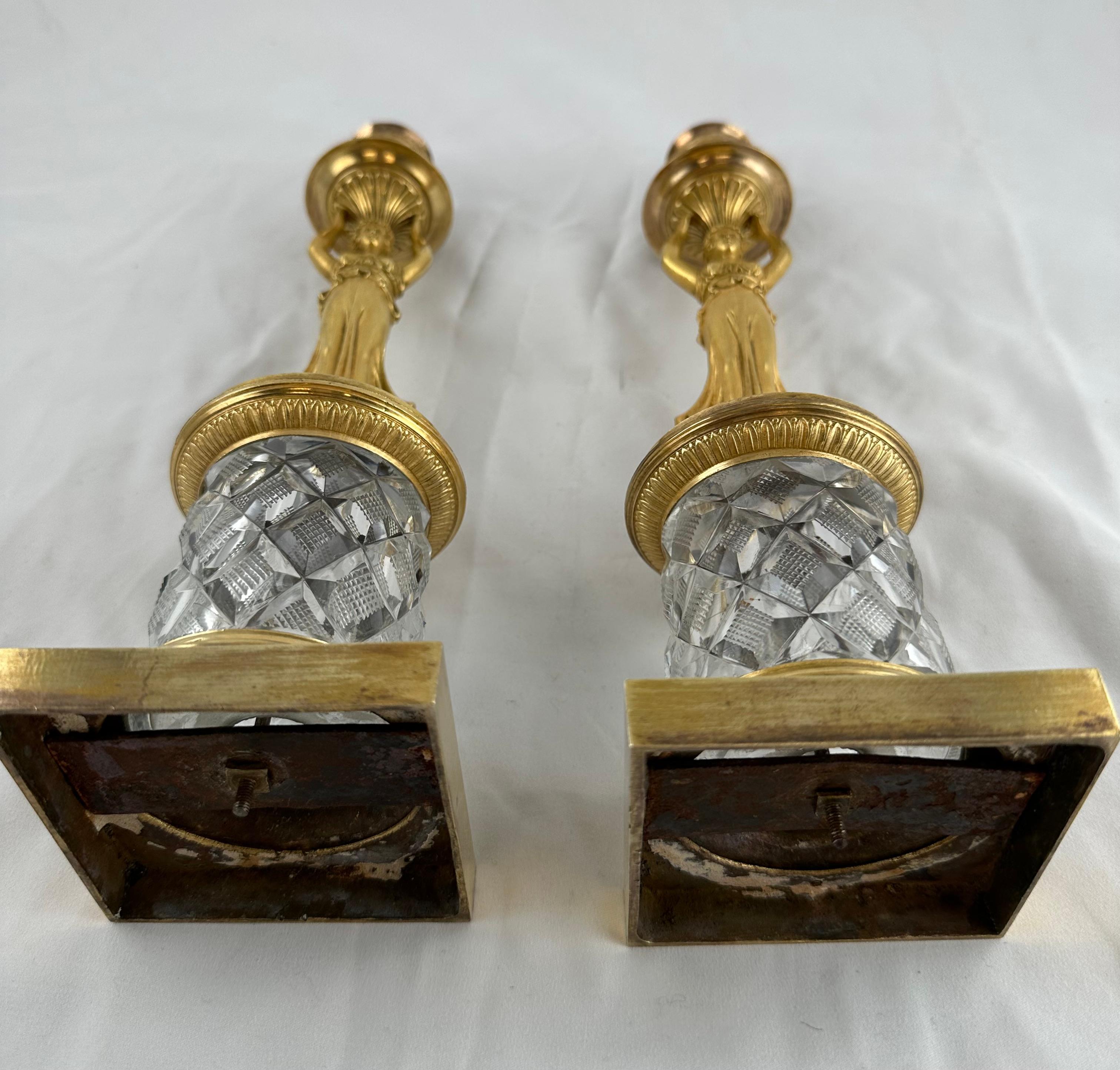 Pair of Empire Gilt Bronze and Cut Crystal Candlesticks, Ca 1810 For Sale 7