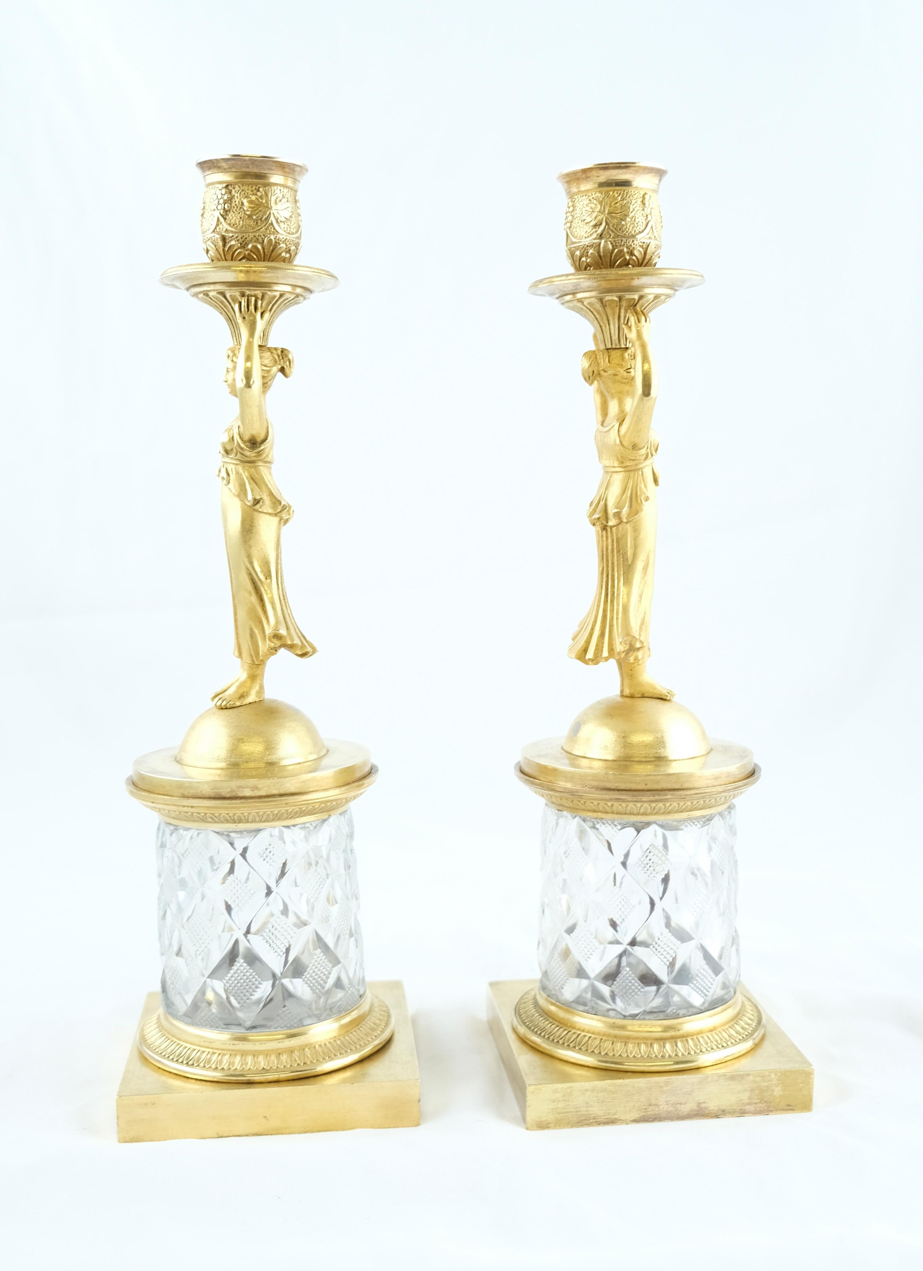 19th Century Pair of Empire Gilt Bronze and Cut Crystal Candlesticks, Ca 1810 For Sale