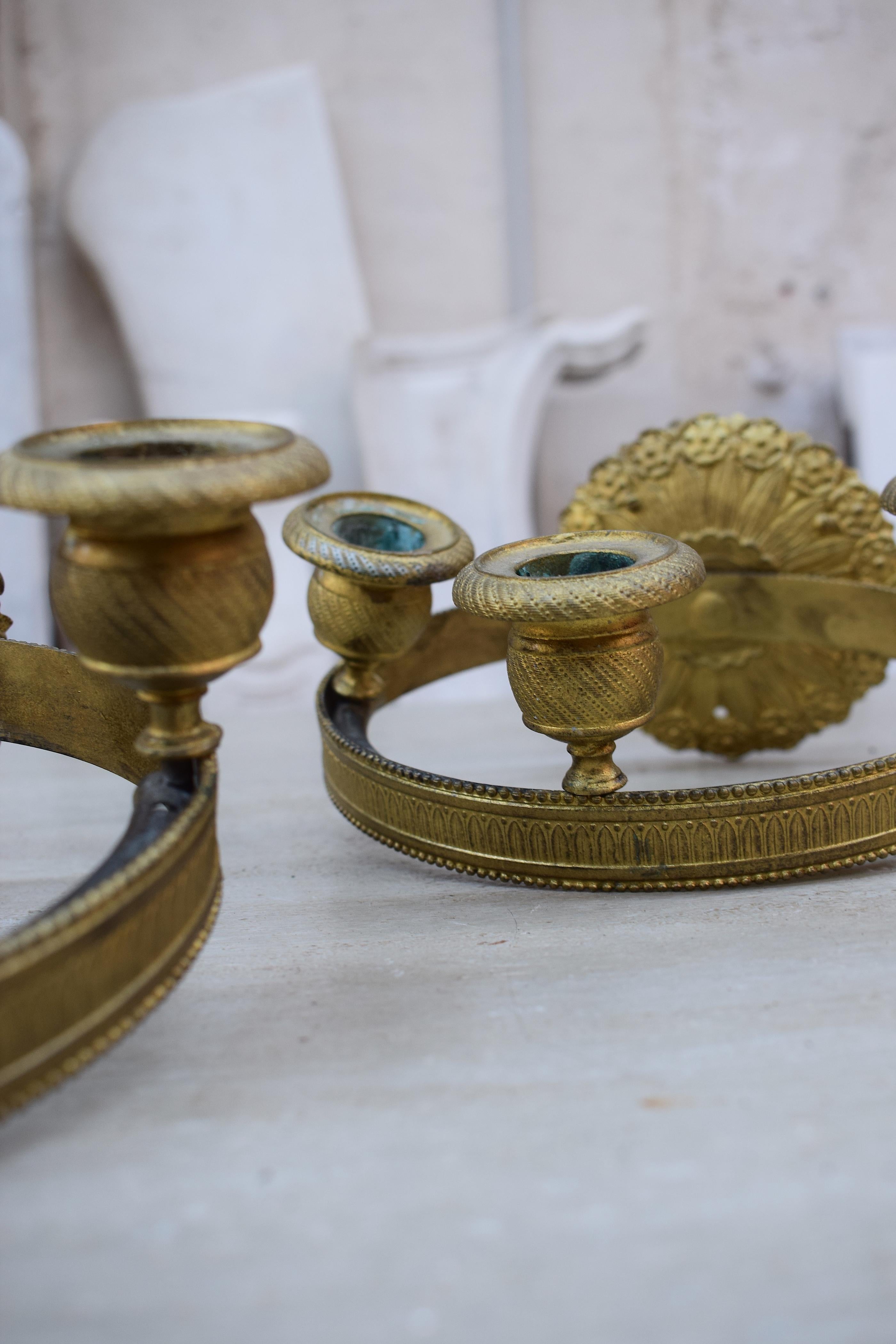 19th Century Pair of Empire Gilt-Bronze Wall Sconces with Bronzed Floral Backs