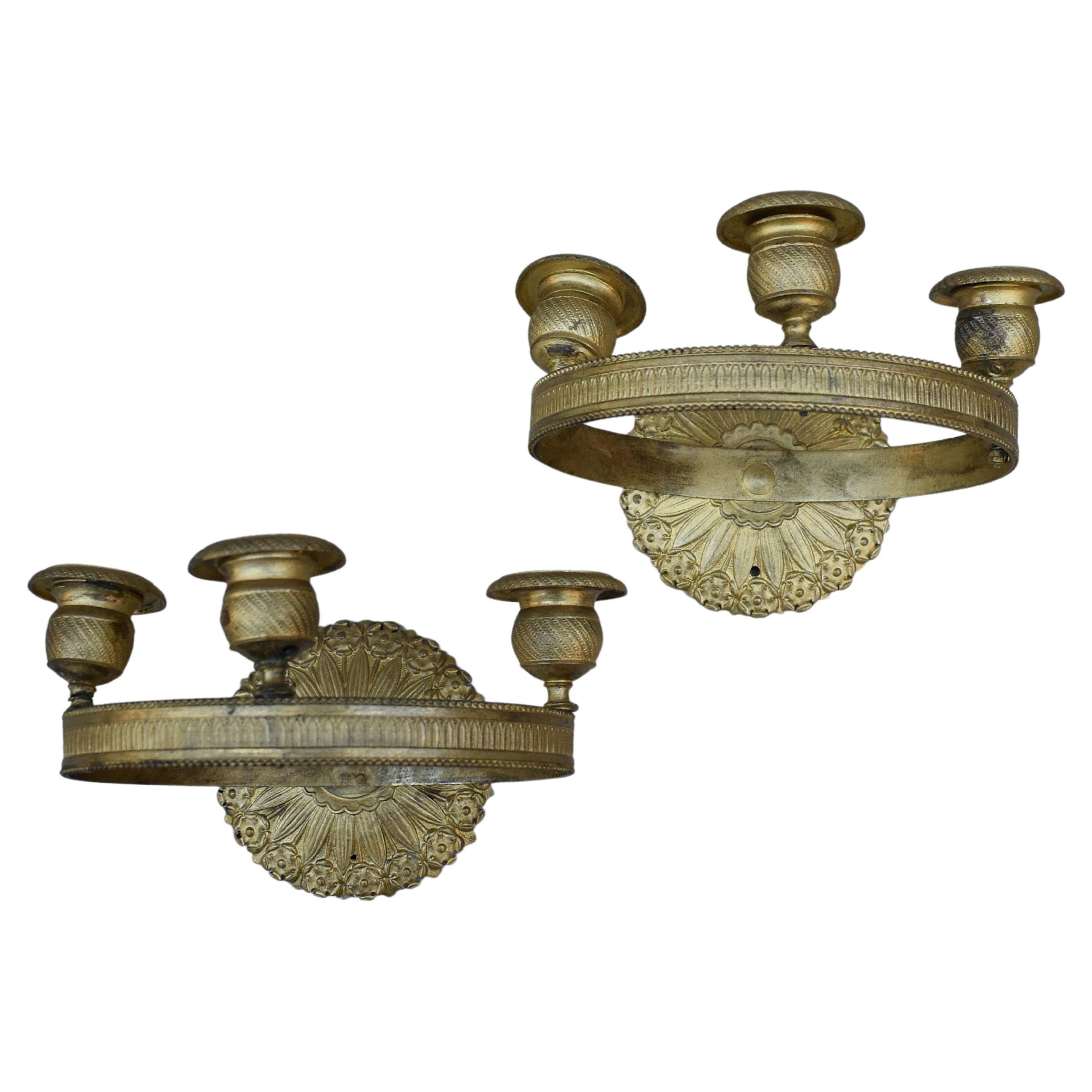 Pair of Empire Gilt-Bronze Wall Sconces with Bronzed Floral Backs