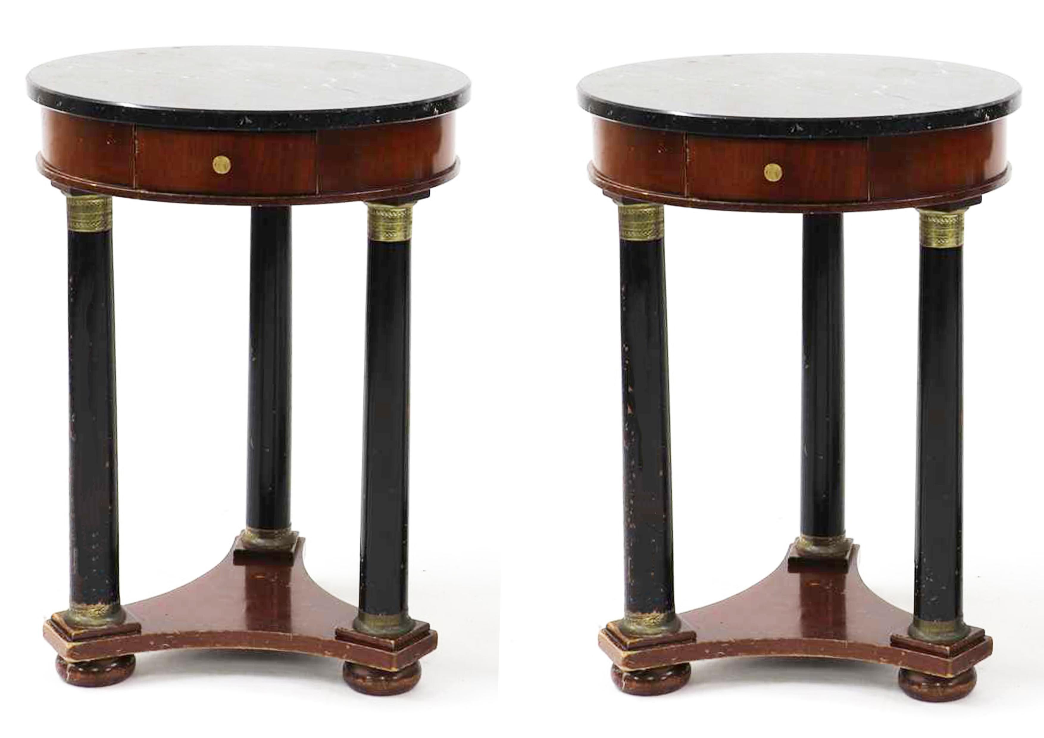 Italian A Pair of Empire Marble Gueridon Side Tables Raised On Ebonized Column Supports For Sale