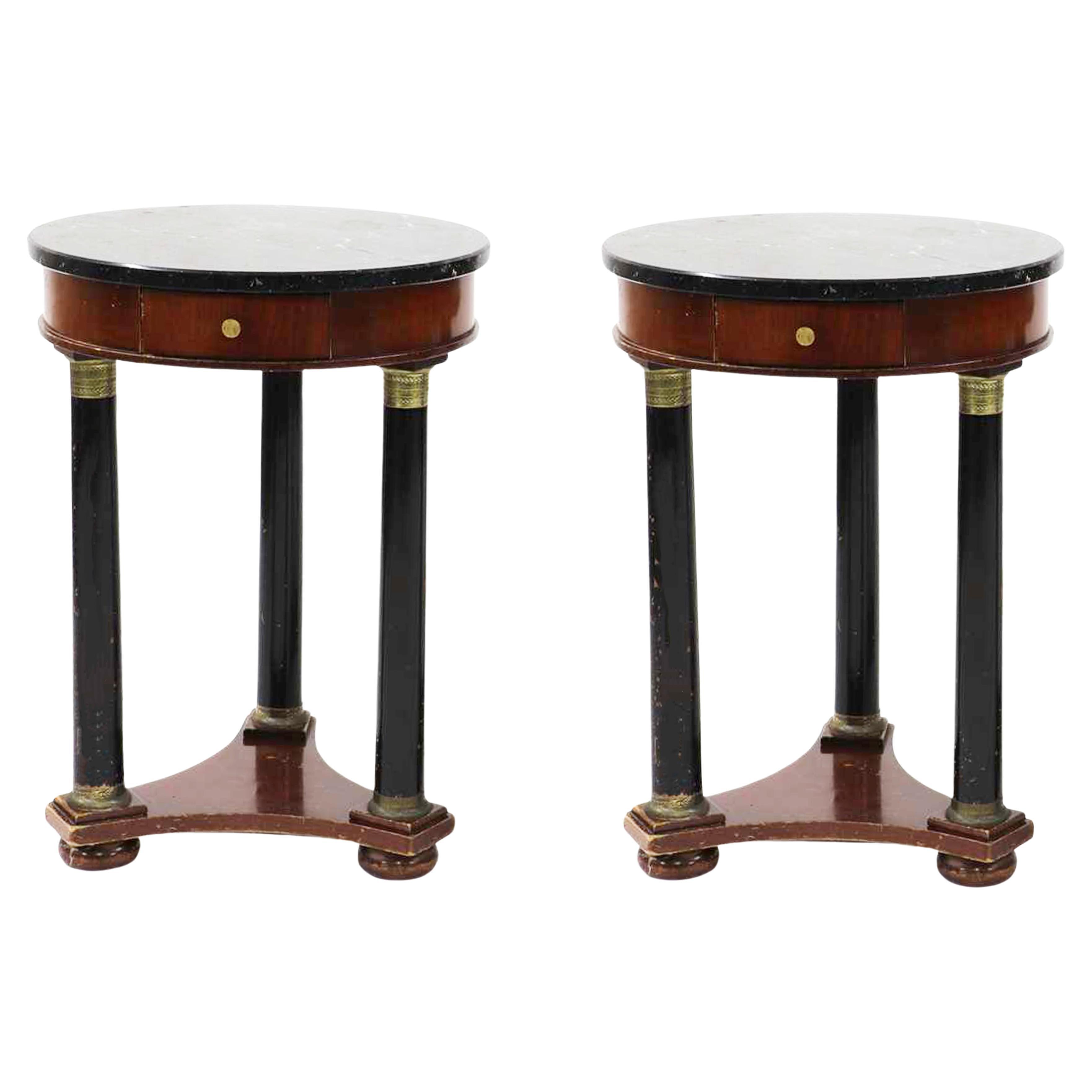 A Pair of Empire Marble Gueridon Side Tables Raised On Ebonized Column Supports For Sale