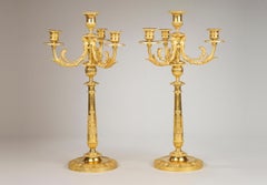 Pair of Empire Ormolu, Patinated Bronze Five Light Candelabra