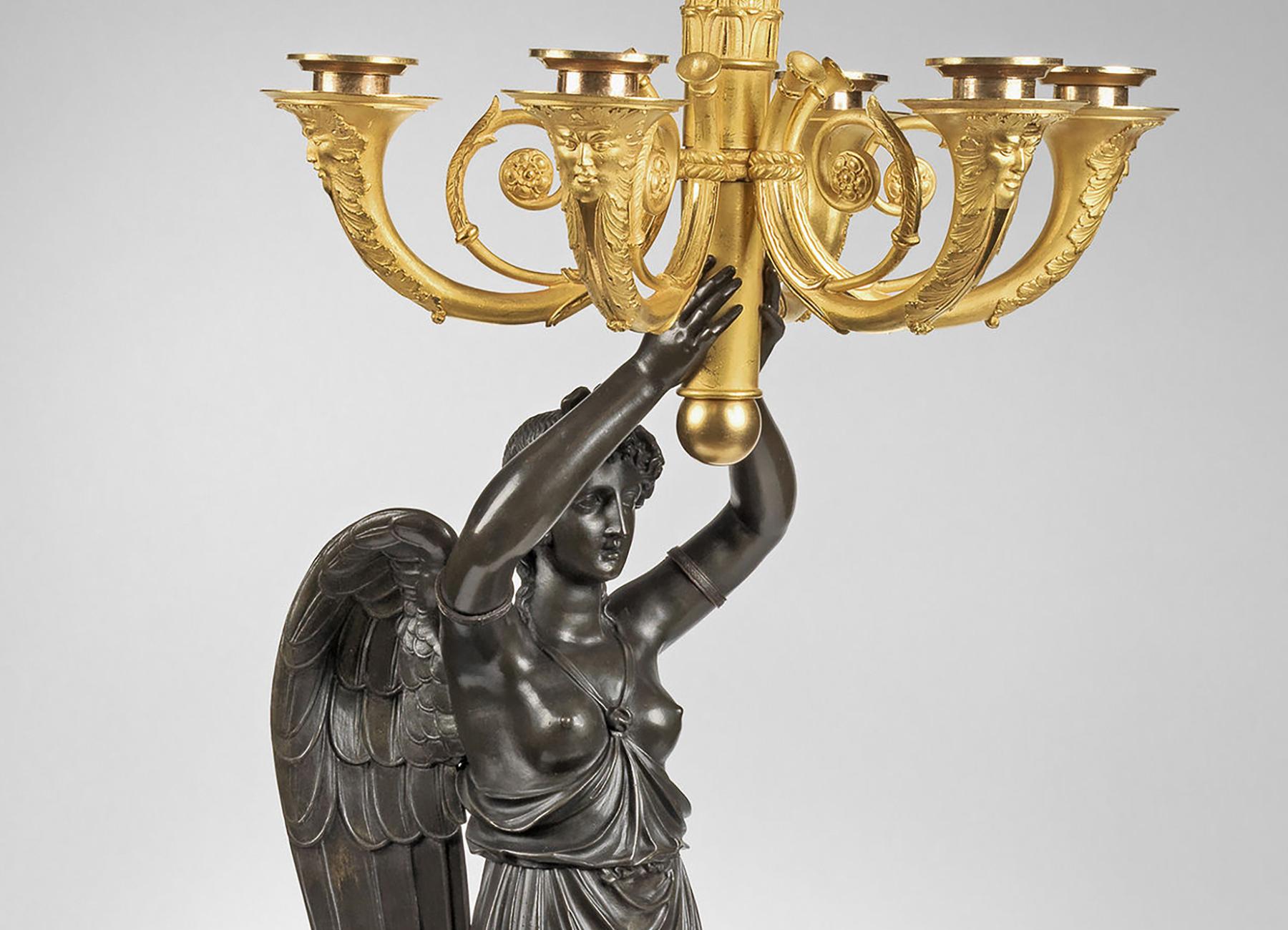 Pair of Empire Ormolu, Patinated Bronze Five-Light Candelabra In Good Condition For Sale In London, Middlesex