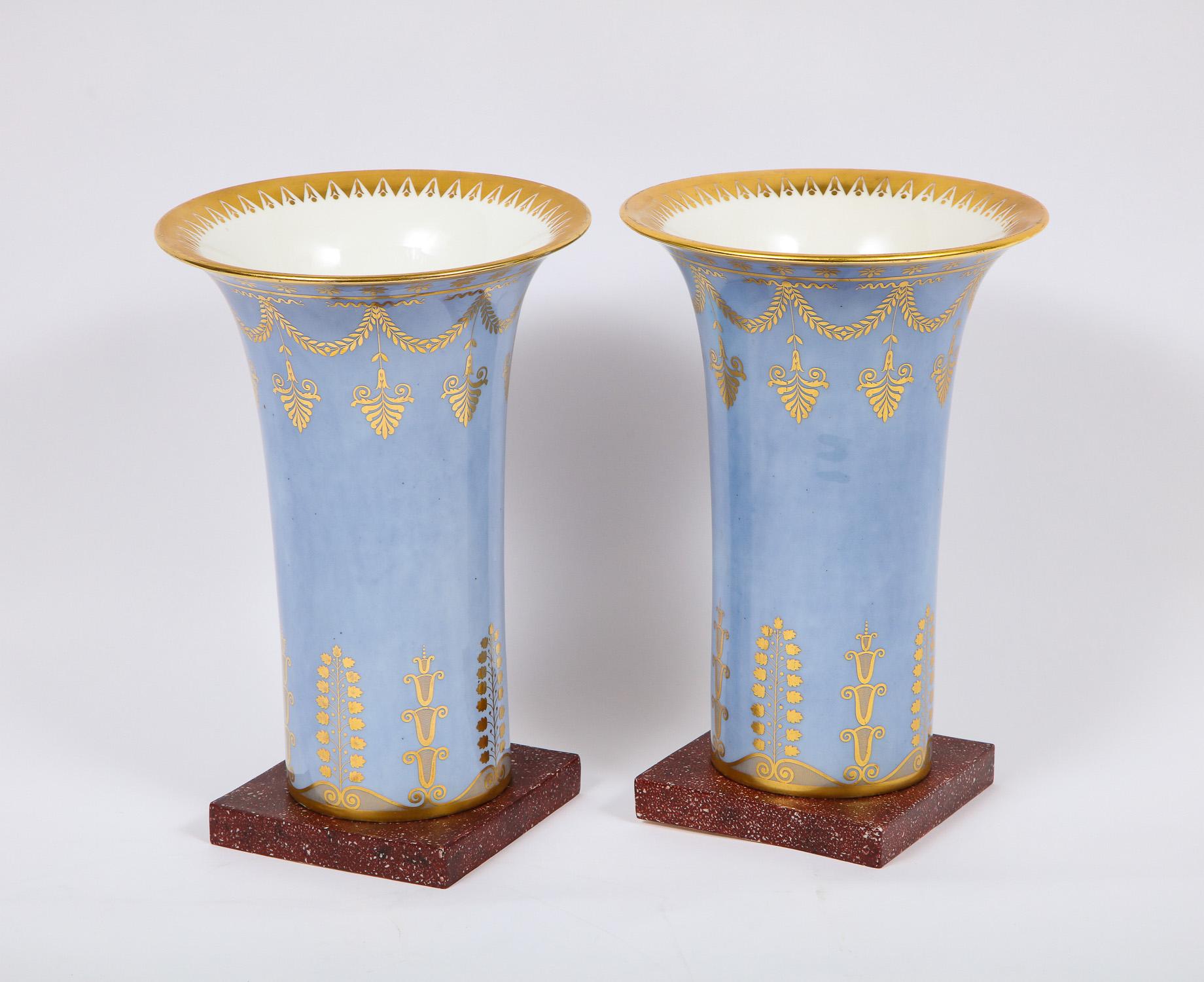 Hand-Painted Pair of Empire Period Sèvres Porcelain Pale Blue and Faux Porphyry Ground Vases For Sale