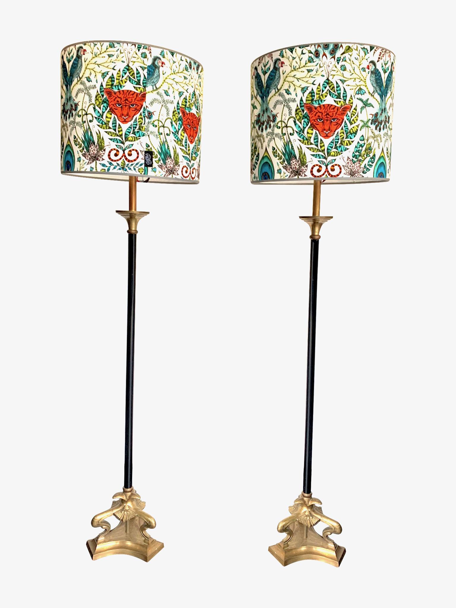 Mid-Century Modern Pair of Empire Style Black Metal and Brass Floor Lamps with New Bespoke Shades