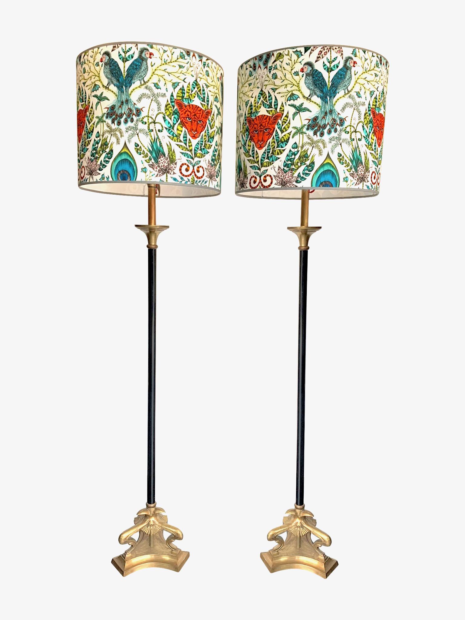 Late 20th Century Pair of Empire Style Black Metal and Brass Floor Lamps with New Bespoke Shades