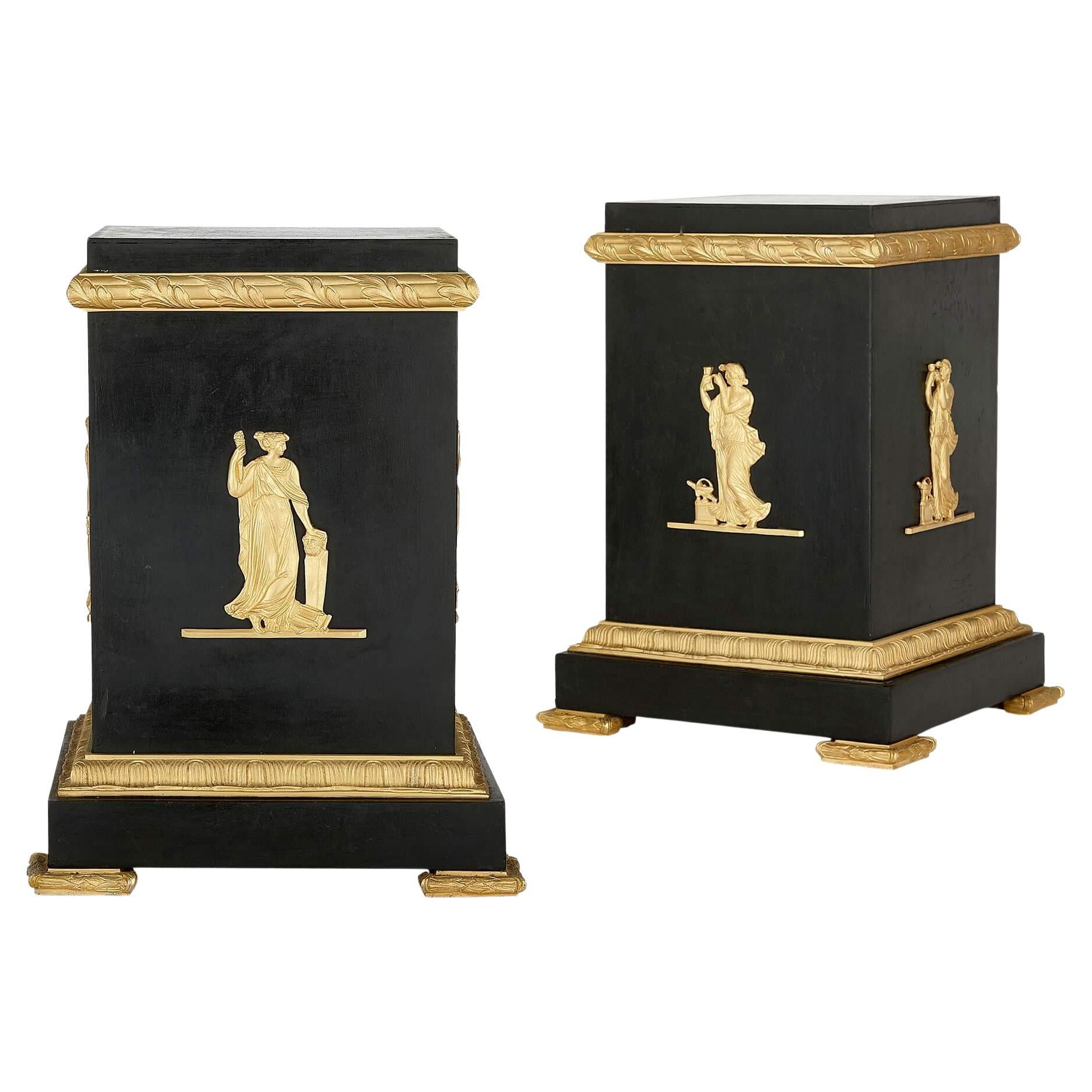Pair of Empire-Style Neoclassical Gilt and Patinated Bronze Stands