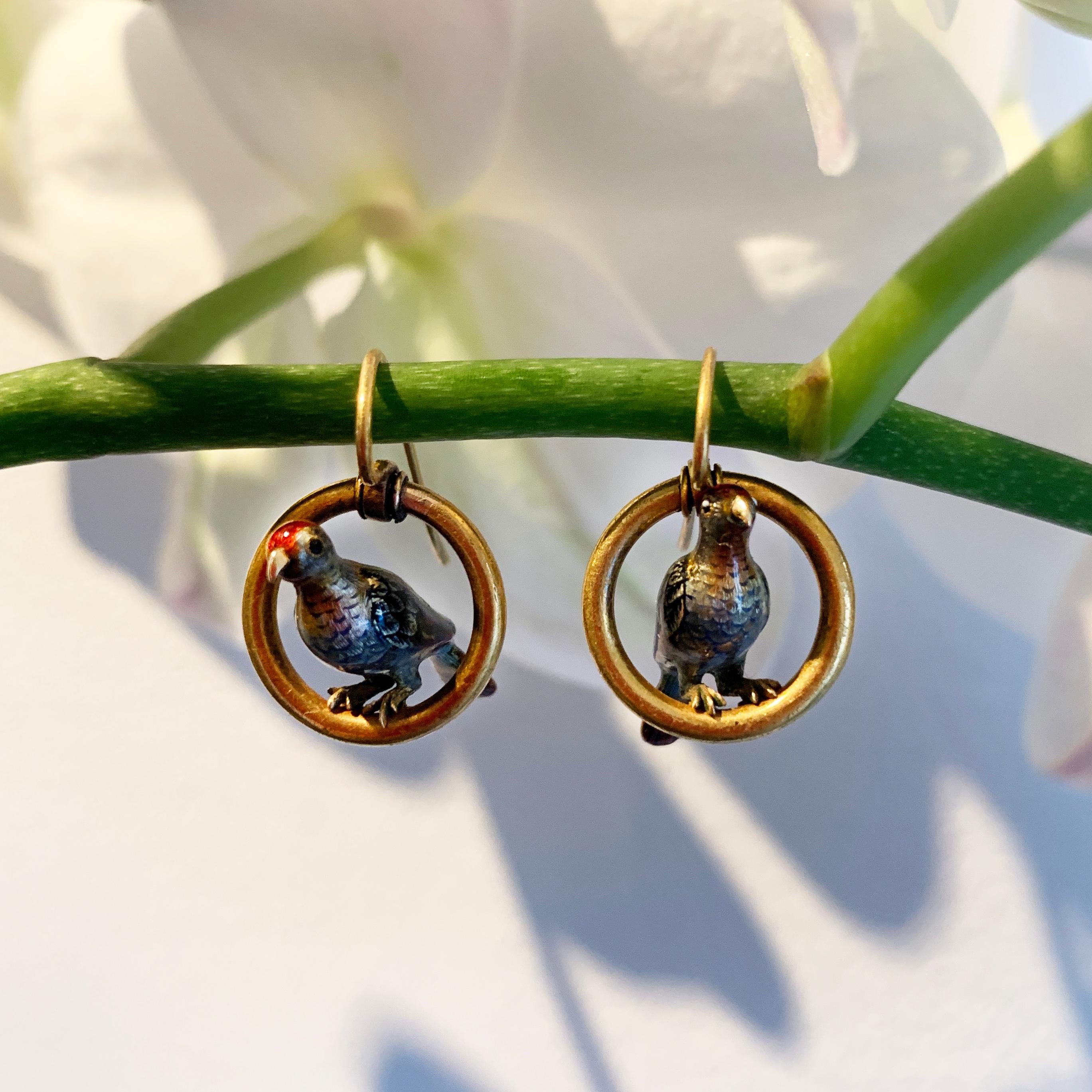 Victorian Pair of Enamel and Gold Bird Earrings
